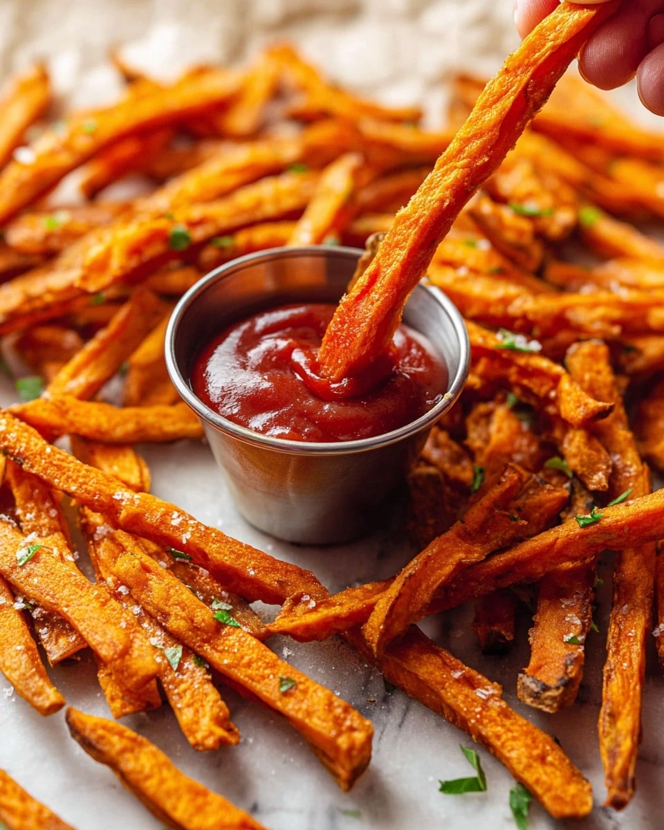 A close-up view of many bright orange sweet potato fries with a crispy, slightly wrinkled texture scattered on a white marbled surface. In the center is a small silver cup filled with thick, red ketchup. Two sweet potato fries are dipped into the ketchup with a woman's hand holding them, showing their crunchy edges and sprinkled green herbs. There are tiny flakes of salt visible on the fries, adding texture. photo taken with an iphone --ar 4:5 --v 7