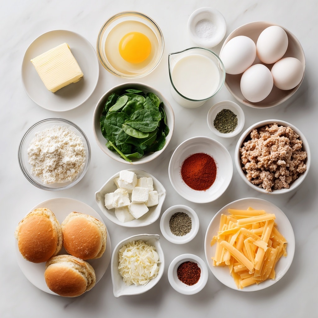 Top-down professional food photography, flat lay style, bright white marble countertop, neatly arranged, evenly spaced, tidy, clean organized layout. Include: small plate of salted butter, bowl of large eggs, small glass cup of whole milk, small bowl of chopped baby spinach, small bowl of ground chicken, small bowl of chopped poblano or bell pepper, small bowls of smoked paprika, chili powder, onion powder, garlic powder, small bowl of sea salt, small bowl of black pepper, small plate of softened salted butter, plate with split English muffins, plate with slices of sharp cheddar or pepper jack cheese. Bright soft natural lighting, sharp focus, high detail textures, realistic reflections, no finished dish, no cooked food, no hands, no text, no watermark.