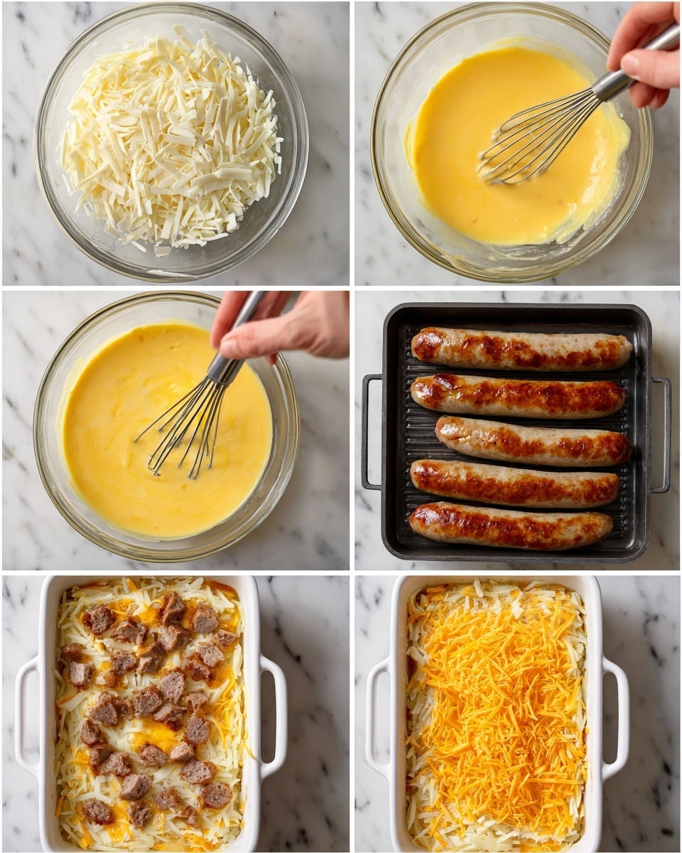 The image shows six steps of making a layered casserole. Step 1 displays a clear glass bowl on a white marbled surface filled with several raw eggs, shredded onions, and white creamy ingredients. In Step 2, a woman's hand holds a whisk inside the bowl, mixing the yellow liquid until smooth. Step 3 shows grilled sausages in a black grill pan with brown grill marks. Step 4 reveals a white rectangular baking dish with a layer of cooked shredded potato topped with small pieces of the grilled sausages scattered evenly. Step 5 adds a layer of the yellow egg mixture poured over the potato and sausage. Step 6 has a final layer of shredded orange cheese spread evenly on top, ready for baking. photo taken with an iphone --ar 4:5 --v 7