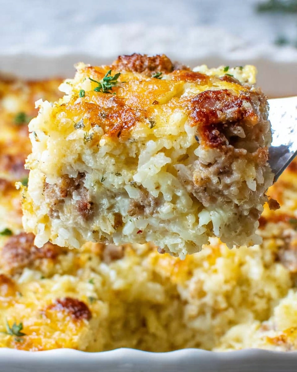 The image shows a close-up slice of a cheesy rice and sausage casserole lifted above a white casserole dish. The slice has three visible layers: the top layer is golden, slightly crispy melted cheese with brown spots; below that is a creamy yellow mix of rice and melted cheese with small bits of browned sausage; the bottom layer is rice mixed with sausage and melted cheese, dense and crumbly in texture. The dish in the background is full of the same cheesy, golden rice mixture. The whole scene sits on a white marbled surface. Photo taken with an iphone --ar 4:5 --v 7