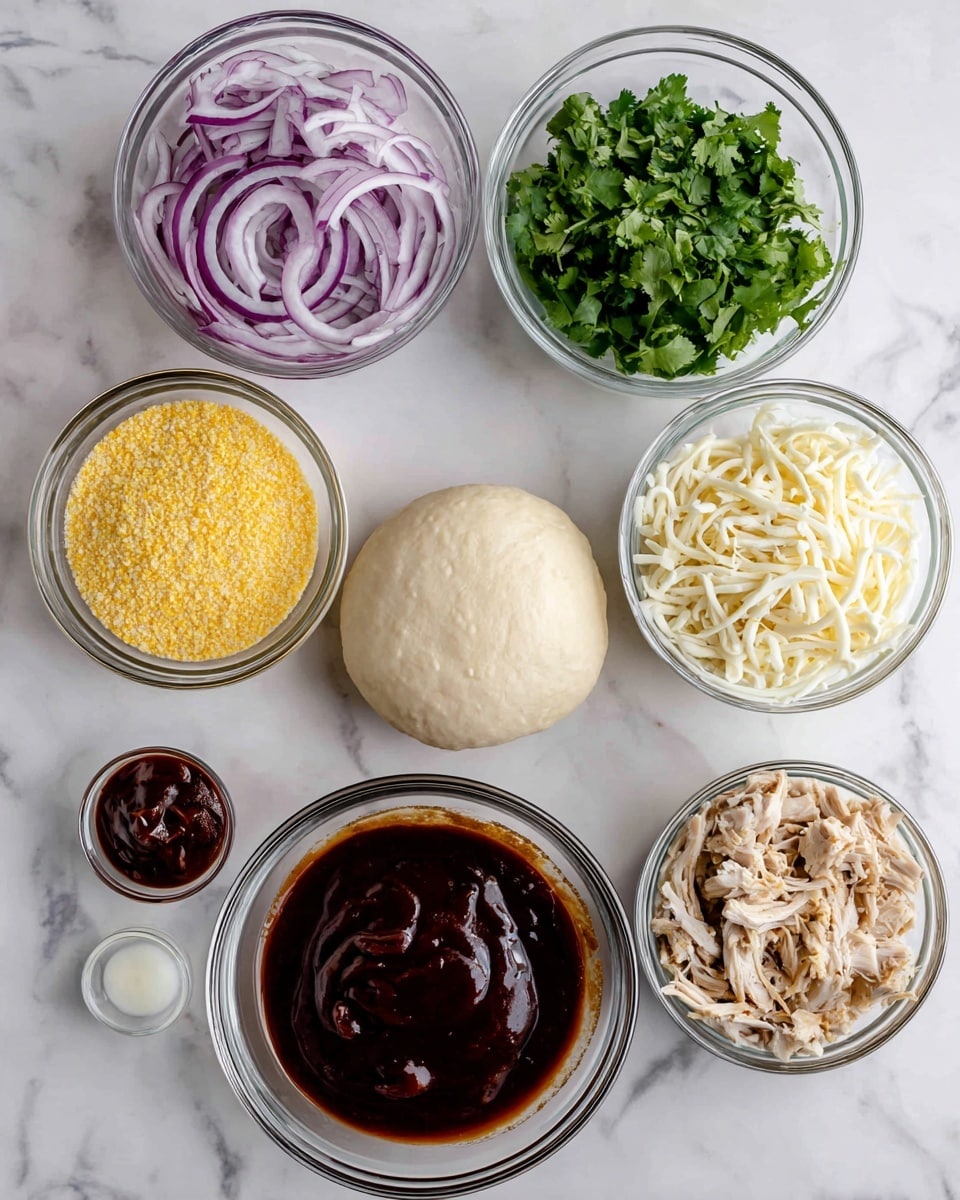 The image shows seven clear glass bowls arranged on a white marbled surface, each containing a different ingredient for making barbecue chicken pizza. Starting from the top left and moving clockwise, the first bowl holds thinly sliced red onions with a light purple color, the next bowl holds fresh green cilantro leaves, followed by a bowl filled with shredded white mozzarella cheese. Below the cheese, there is a round dough ball in a bowl labeled pizza dough, which is pale beige and smooth. To the left of that, there is a bowl of bright yellow cornmeal. Above the cornmeal is a bowl filled with small chopped pieces of light brown rotisserie chicken. In the center of the arrangement sits a bowl of thick, dark brown barbecue sauce with a glossy texture. Each bowl is clearly labeled with black text on white rectangles above or beside them. Photo taken with an iphone --ar 4:5 --v 7