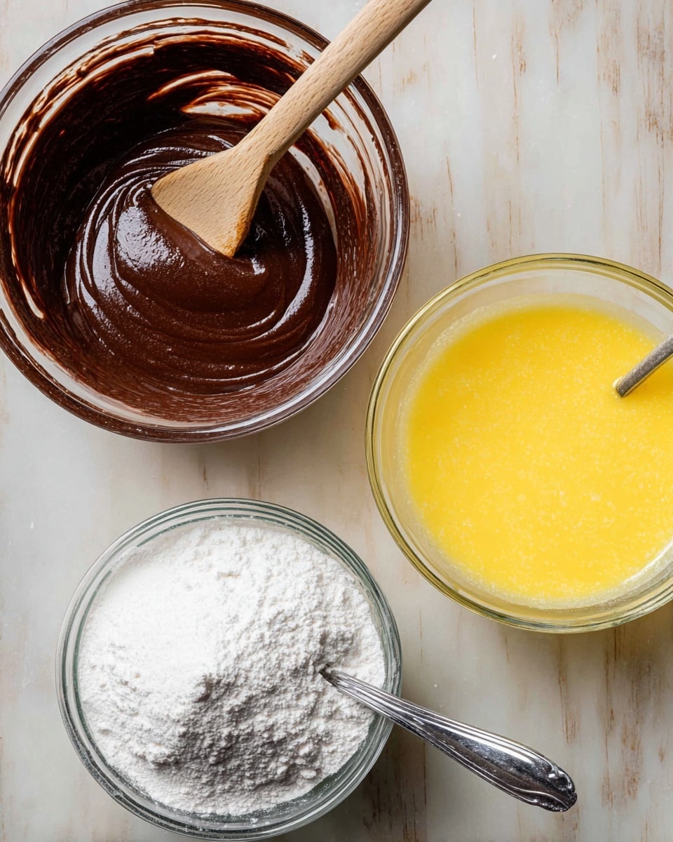 Three clear glass bowls are placed on a white marbled surface. The top left bowl holds a thick, dark brown chocolate mixture with a light-colored wooden spoon partly dipped in it. The top right bowl contains a yellow, foamy beaten egg mix, smooth in texture. The bottom bowl is filled with a fine white powder ingredient, with a silver spoon resting inside, scooping some of the powder. The wooden surface underneath has been replaced with white marble texture. photo taken with an iphone --ar 4:5 --v 7