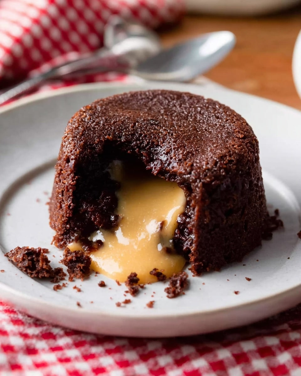 A round chocolate dessert with a rough texture sits on a white plate, its dark brown surface broken open in the front to reveal a smooth, creamy golden filling flowing out. There are small crumbs scattered around the base, and a silver spoon behind the plate rests on a white marbled texture with a red and white checkered cloth blurred in the background. Photo taken with an iphone --ar 4:5 --v 7