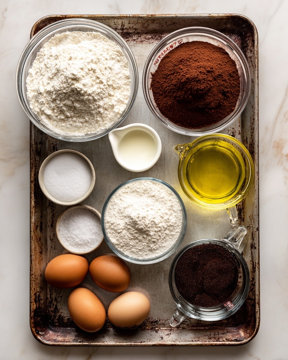 A worn metal tray holds several clear glass bowls and containers filled with baking ingredients, arranged neatly. At the top left is a large bowl filled with white flour, beside it to the right is a medium bowl filled with rich brown cocoa powder. Below the flour is a smaller bowl with white baking powder, and next to it is another small bowl with white baking soda. Below these two bowls sits a tiny bowl with white salt on the left and a slightly larger bowl with finely ground dark coffee on the right. On the far right of the tray is a clear glass container filled with water. In the bottom left corner, there is a clear measuring cup with heavy cream, two brown eggs sit near the middle, and next to them is a large measuring cup filled with golden yellow oil. The tray rests on a white marbled surface. photo taken with an iphone --ar 4:5 --v 7