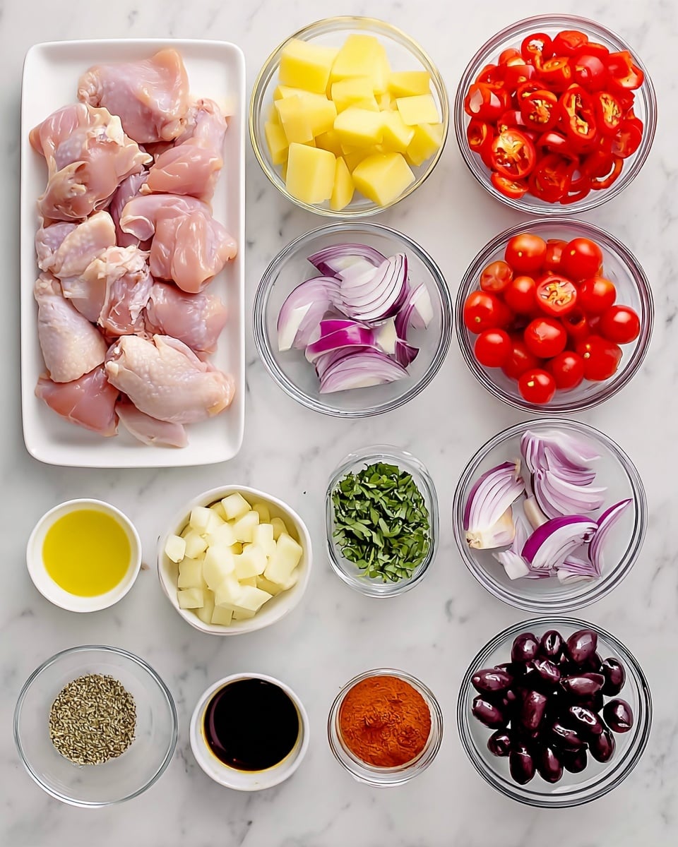 The image shows an overhead view of raw ingredients for cooking, all placed on a white marbled surface. On the left, a rectangular white tray holds several pieces of raw chicken, pink and fleshy in texture. To the right, there are clear glass bowls arranged in a grid, each filled with different ingredients: bright yellow cubed potatoes in one, bright red sliced bell peppers in another, whole shiny red cherry tomatoes, smooth purple and white sliced red onion, and a bowl of dark brown and black olives. Smaller white bowls contain finely chopped green basil, a small pile of light yellow minced garlic, a vibrant orange-red powder of smoked paprika, a black and white pepper mix, a small pool of golden olive oil, and dark brown balsamic vinegar. Each element is neatly separated and clearly visible. photo taken with an iphone --ar 4:5 --v 7