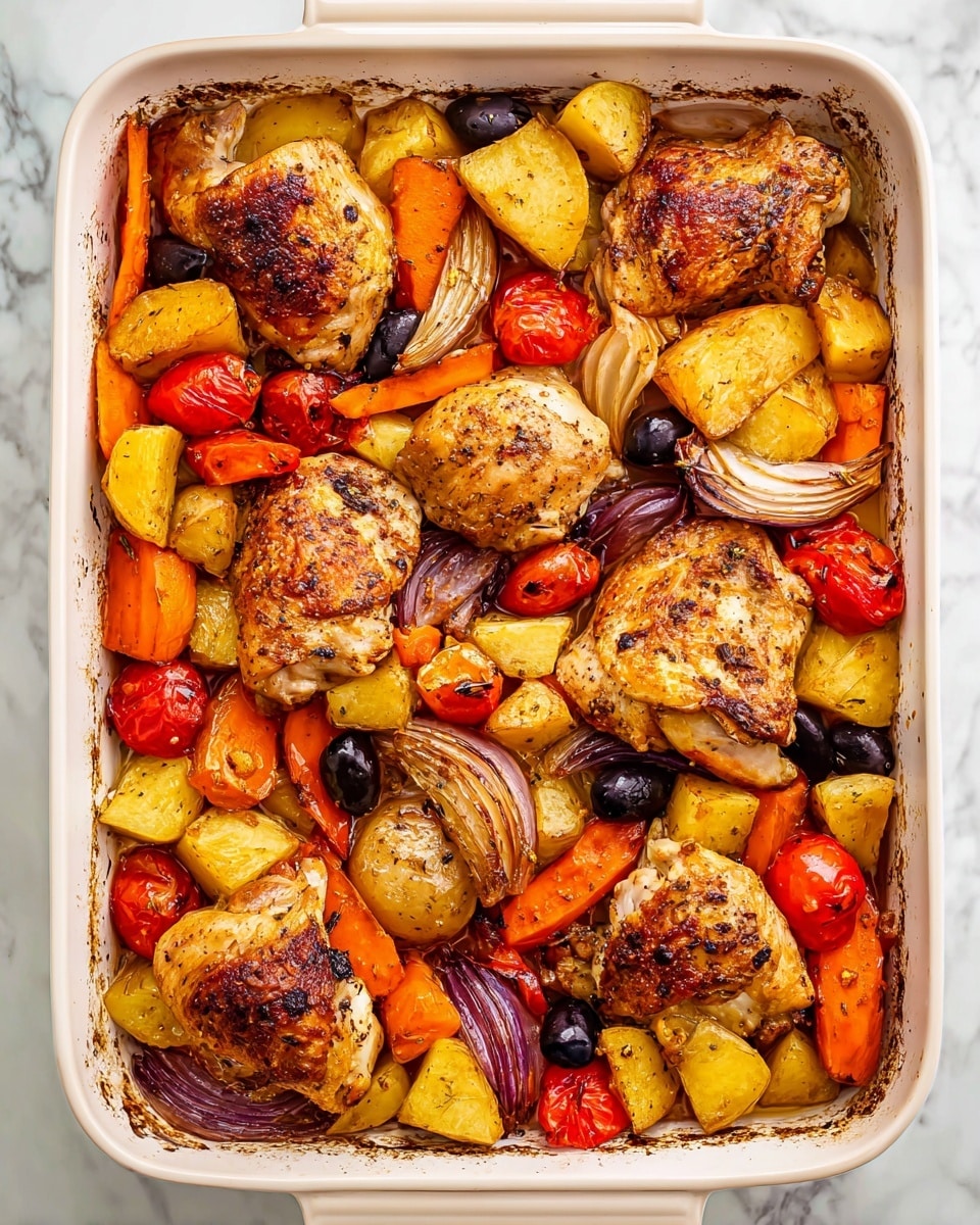 A square white baking dish filled with one layer of golden brown roasted chicken pieces evenly placed over a base of mixed roasted vegetables, including bright orange carrot slices, yellow potato chunks, halved red cherry tomatoes, and red onion wedges with slightly charred edges. Scattered among the vegetables are black olives adding contrast. The chicken pieces have a crispy, browned texture with some grilled marks. The dish sits on a white marbled surface. photo taken with an iphone --ar 4:5 --v 7
