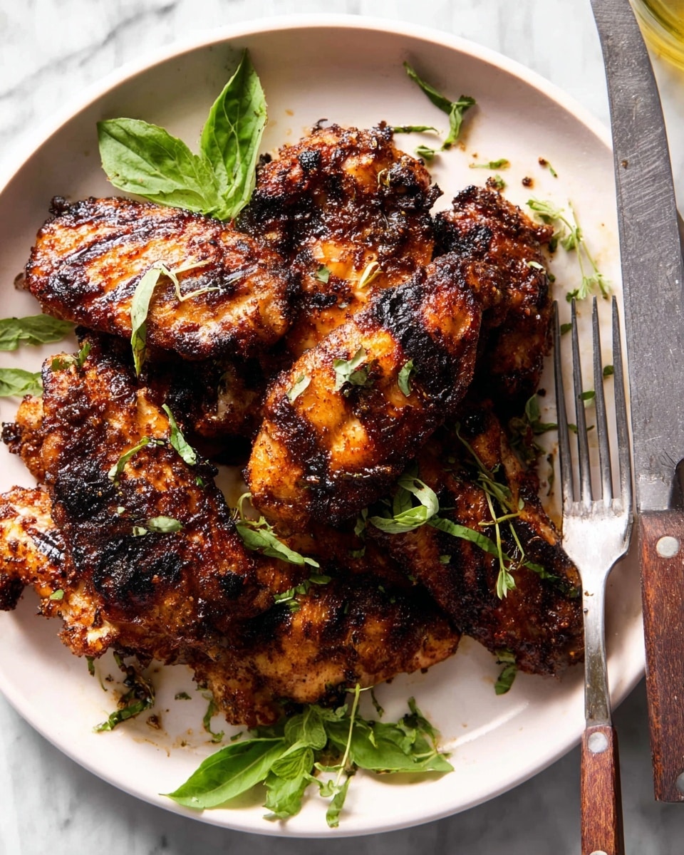 A white plate holds a stack of seven dark brown, grilled chicken wings with a crispy, slightly charred skin. The wings are arranged closely in the center with some fresh green herb leaves scattered on top and around them. A silver fork rests pointing toward the wings from the bottom right, and a knife with a wooden handle lies along the top edge of the plate. The plate itself sits on a white marbled surface, adding a clean, bright contrast to the rich colors of the wings. photo taken with an iphone --ar 4:5 --v 7
