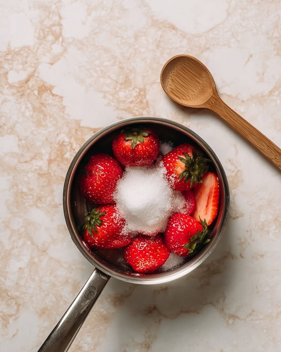 A small metal pot holds whole and halved red strawberries arranged around a mound of white granulated sugar in the center. The strawberries have a shiny, textured surface with tiny seeds and green stems visible. The pot's handle extends to the lower left. The pot sits on a white marbled surface with light brown veins, and a wooden spoon with a smooth, round head rests above the pot on the right side. photo taken with an iphone --ar 4:5 --v 7