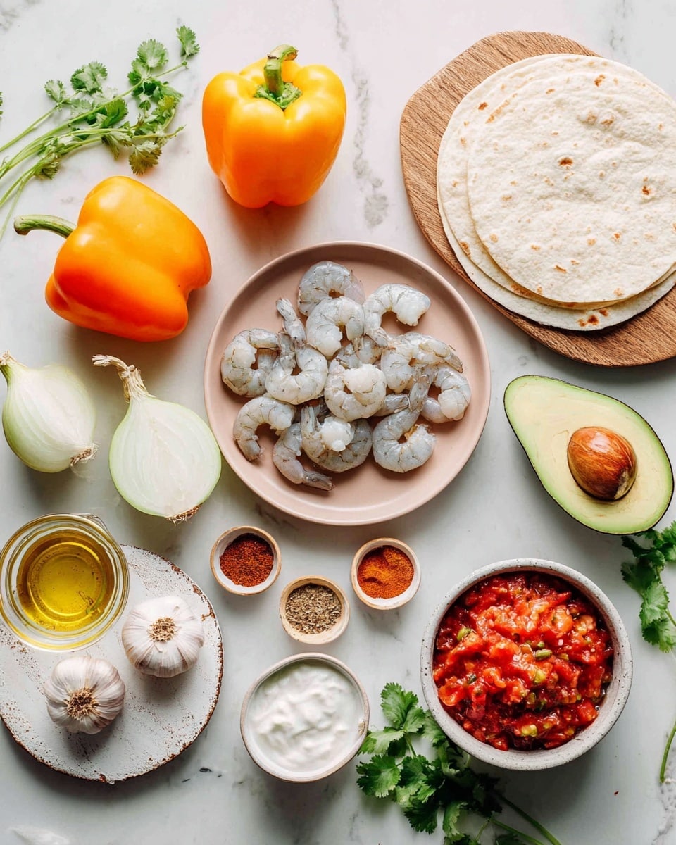 The image shows a flat lay of fresh ingredients arranged neatly on a white marbled surface. In the center, there is a round light pink plate holding raw shrimp, which are grayish with slight transparency. Surrounding the plate are various ingredients: two whole bell peppers—one yellow and one orange—an onion half with white flesh and a pale yellow peel, and a halved avocado with bright green flesh and a large pit. To the right, there are soft white tortillas stacked slightly overlapping, and a white bowl filled with vibrant red salsa topped with diced vegetables. Below the salsa, a small white bowl contains creamy white sour cream. Near the top, there are small amounts of different spices set on wooden spoons (light brown) and a small wooden bowl, including chili powder (reddish), cumin (light brown), sea salt (white crystals), onion powder (off-white), and black pepper (dark). There is also a small glass jar filled with golden olive oil and three garlic cloves on a small round white wooden board. Some fresh cilantro sprigs with green leaves add color near the tortillas. The overall look is clean and colorful, showing fresh and natural ingredients ready to be cooked photo taken with an iphone --ar 4:5 --v 7