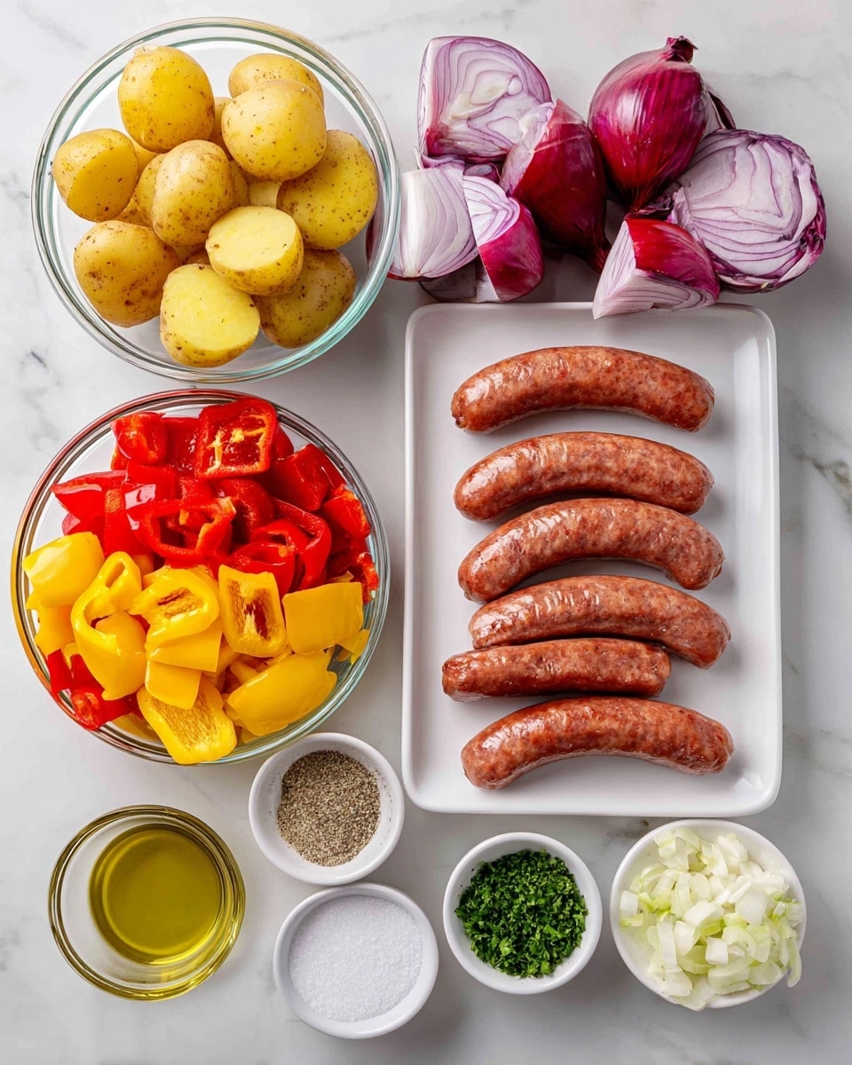 The image shows several ingredients neatly arranged on a white marbled surface. On the left, there are two clear glass bowls, one filled with halved yellow and red baby potatoes at the top and the other with chopped red, yellow, and green bell peppers at the bottom. In the middle, a white rectangular plate holds six curved smoked sausages lined up in two rows of three. To the right, a white bowl contains large pieces of red onions. Nearby, small white dishes hold garlic powder, salt and pepper, Italian seasoning, and parsley. A small clear glass bowl with olive oil is also present, completing the arrangement. photo taken with an iphone --ar 4:5 --v 7