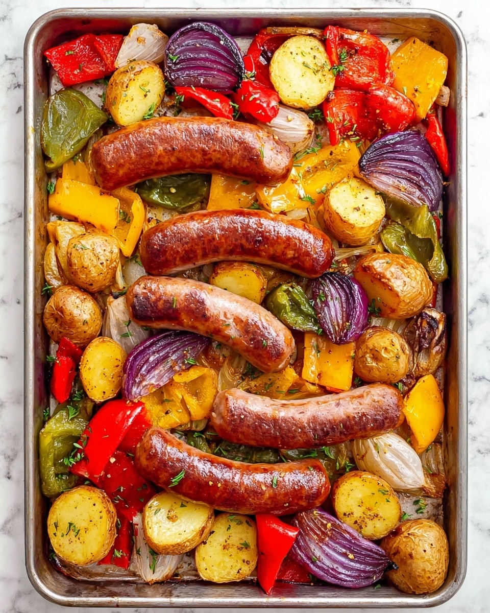 A metal tray filled with five browned sausages placed evenly in a scattered pattern. Underneath and around the sausages are many cooked vegetables: red, yellow, and green bell peppers cut into large chunks, purple onion wedges, and slices of roasted baby potatoes with golden and crispy edges. The vegetables and sausages have a slightly glossy texture showing they are roasted with oil and seasoned with herbs. The tray sits on a white marbled surface. photo taken with an iphone --ar 4:5 --v 7