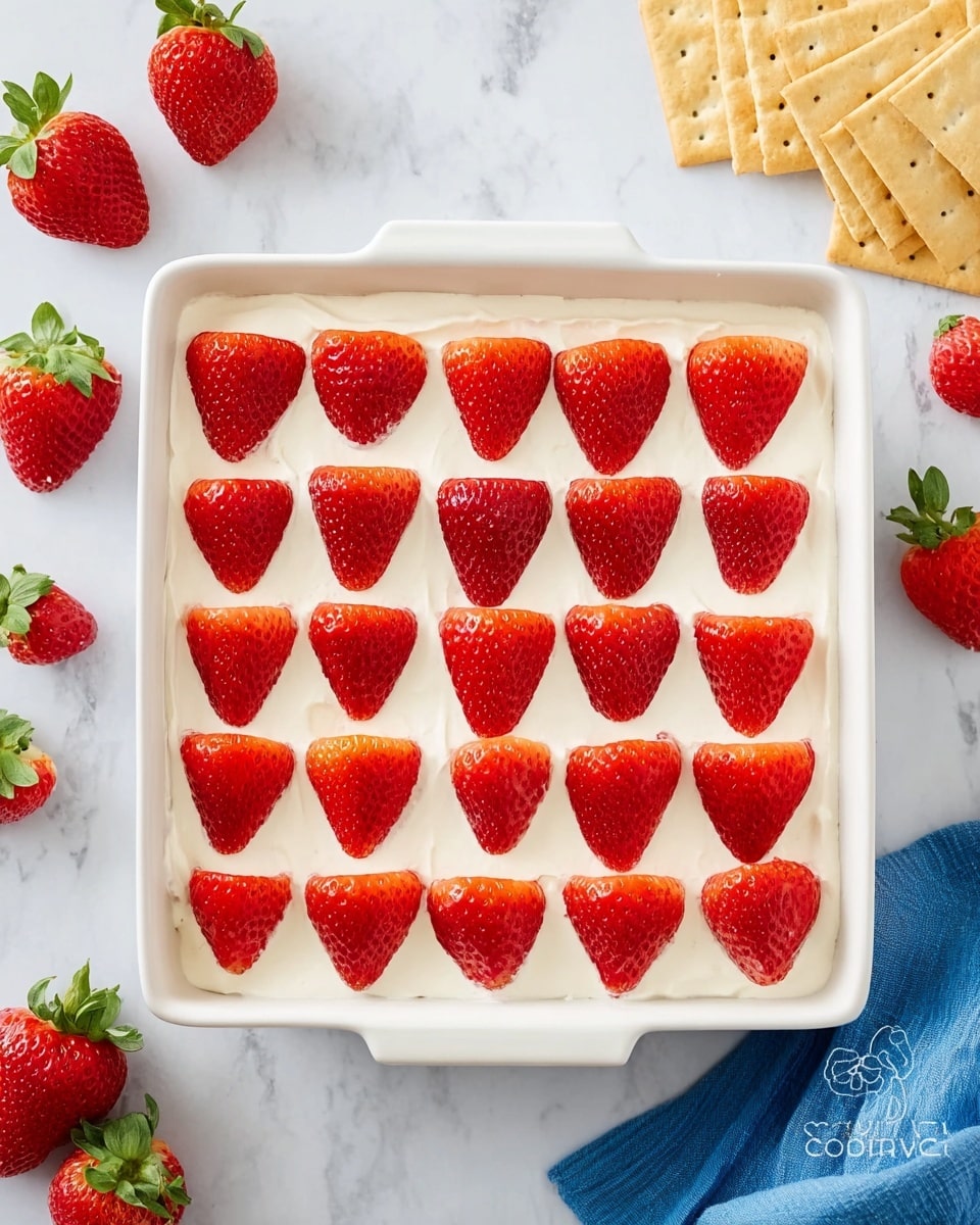 The image shows a square white dish filled with a smooth, creamy white layer spread evenly across the top. On this creamy layer, there are 20 bright red strawberry halves arranged neatly in four rows and five columns, each strawberry half placed with its cut side down, showing their textured, shiny red skin. Around the dish, there are whole strawberries with green leaves on the white marbled surface along with some rectangular light brown crackers stacked in the upper right corner and a blue cloth in the lower left corner. Photo taken with an iphone --ar 4:5 --v 7