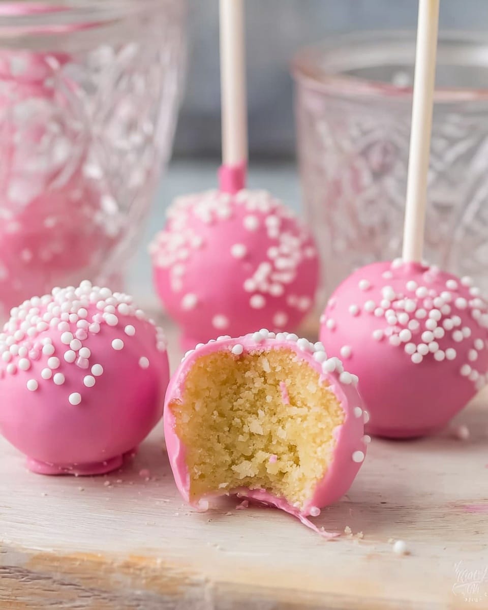 The image shows five round cake pops with a smooth, bright pink outer layer decorated with small white round sprinkles mainly on one side. One cake pop is in the center with a bite taken out, revealing a soft, light yellow cake inside with a moist texture. The pops are placed on a light wooden surface with two clear, intricately patterned glass jars in the background. The sticks of the cake pops are white, and the overall setting has a soft, inviting look. Photo taken with an iphone --ar 4:5 --v 7