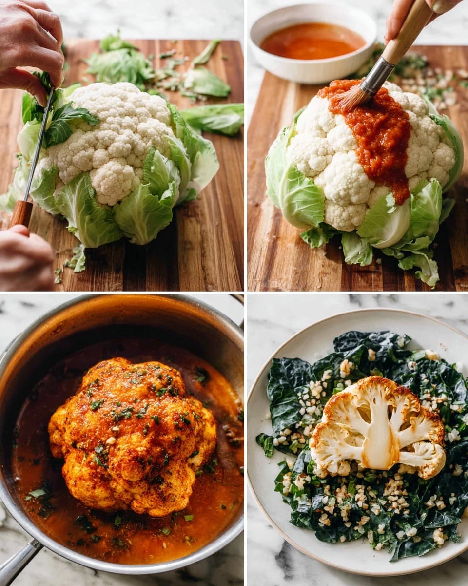 The image shows four photos in a collage of the preparation and serving of a roasted cauliflower dish. The first photo shows a close-up of a woman's hand holding a knife while trimming green leaves around a whole raw white cauliflower on a wooden cutting board with some removed leaves around it. The second photo zooms in on a white cauliflower that is being brushed on top with a red sauce from a wooden-handled brush, with a bowl of sauce visible in the background on the wooden cutting board. The third photo shows the whole cauliflower now fully coated in a reddish-orange spice mix, resting inside a pot filled with liquid sauce. The last photo shows a thick slice of roasted cauliflower with a golden-brown surface placed on a bed of dark green leafy vegetables, topped with light sauce and sprinkled with chopped herbs and seeds, all served on a white plate. The surface under the dishes is a white marbled texture. photo taken with an iphone --ar 4:5 --v 7