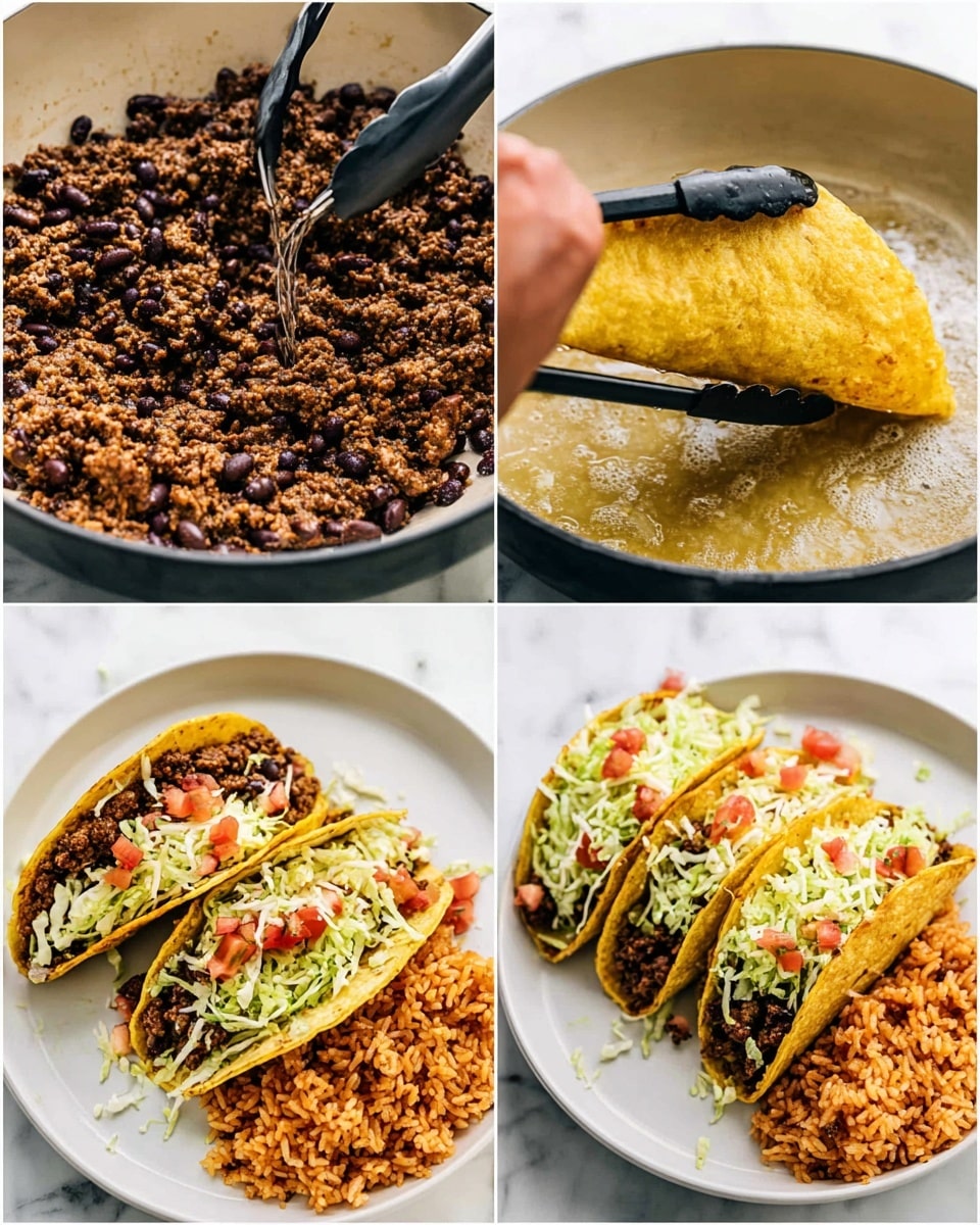 The image shows four steps of making tacos. The first part has a white bowl filled with cooked ground meat mixed with black beans, all dark brown and black. The second shows a woman's hand holding black tongs with a folded yellow tortilla frying in bubbling clear oil in a white pan. The third is a close-up of the same white pan with the yellow tortilla turning golden brown and crispy, held by the tongs. The last part shows a white plate with three taco shells filled with dark brown meat, shredded light green lettuce, bright red diced tomatoes, and light orange shredded cheese on top, next to a pile of orange rice. The surface under everything is white marbled. Photo taken with an iphone --ar 4:5 --v 7