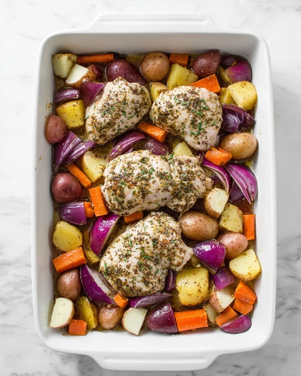A white baking dish filled with four pieces of seasoned chicken placed evenly in the center, surrounded by a mix of colorful vegetables cut into chunks. The vegetables include orange carrot pieces, red and yellow small potatoes, purple potatoes, and thick slices of red onion, all spread around the chicken in a scattered but balanced way. The chicken has a slightly browned, textured surface with visible herbs on top. The dish sits on a white marbled surface. Photo taken with an iphone --ar 4:5 --v 7
