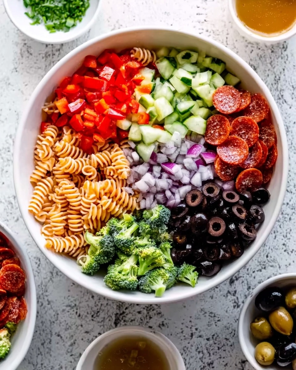 A white bowl filled with a colorful layered pasta salad arranged in sections on a white marbled surface. The dish has seven distinct layers: small red diced bell peppers in one section, finely chopped cucumbers in a pale green shade beside them, bright red pepperoni slices next to the cucumbers, a mix of spiral pasta in orange, beige, and light brown colors, finely chopped red onions in a small portion, dark black olive slices in a large section, and chopped green broccoli pieces filling the gaps between the other ingredients. Small white bowls with extra toppings like broth and olives surround the main bowl. Photo taken with an iphone --ar 4:5 --v 7