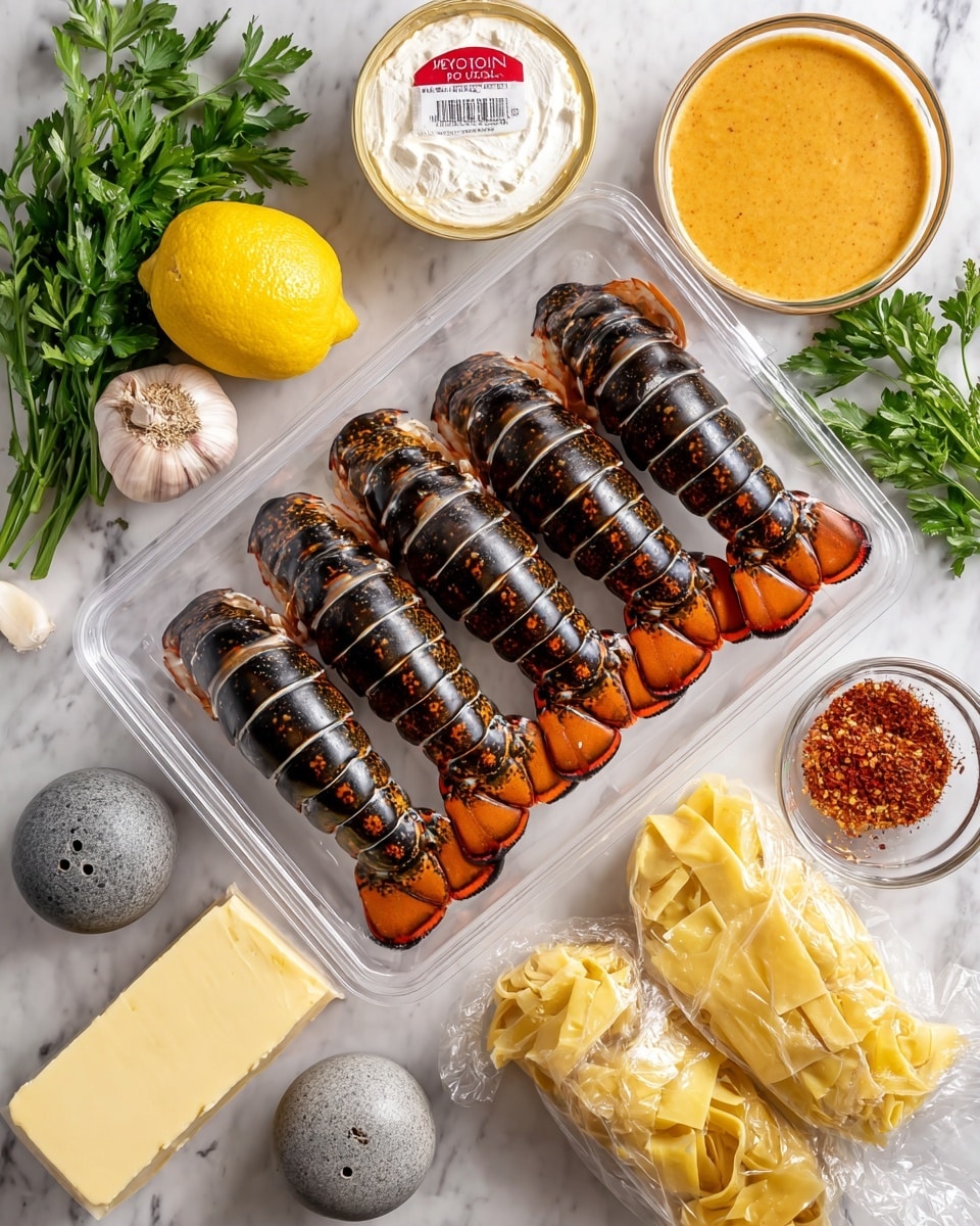 A clear plastic tray contains five raw lobster tails arranged in two rows, showing their dark brown shells with orange and black markings. Surrounding the tray on a white marbled surface are various ingredients: a round container of white ricotta cheese with a red label near the top left, a glass bowl holding smooth, light orange tomato cream sauce, a whole yellow lemon, a gray stone salt shaker, and a gray stone black pepper shaker. Below the tray are fresh green Italian parsley sprigs, an unwrapped stick of pale yellow unsalted butter, a round wrapped yellow pasta dough, a square glass bottle filled with golden olive oil, a garlic bulb with a papery white skin, and a small red container of red pepper flakes. Photo taken with an iphone --ar 4:5 --v 7