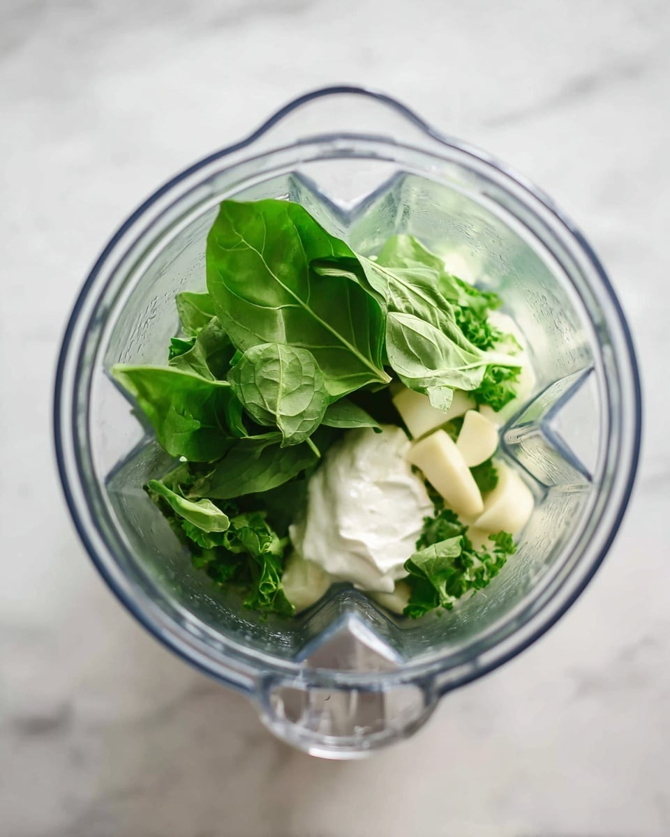 A clear blender jar is filled with layers of fresh green leaves, including large basil leaves on top, smaller green herbs beneath, and chunks of peeled garlic nestled among the greens; a dollop of thick white cream or sauce sits to the side inside the jar. The blender is placed on a white marbled surface, and the photo is taken from above, showing the inside details clearly. photo taken with an iphone --ar 4:5 --v 7