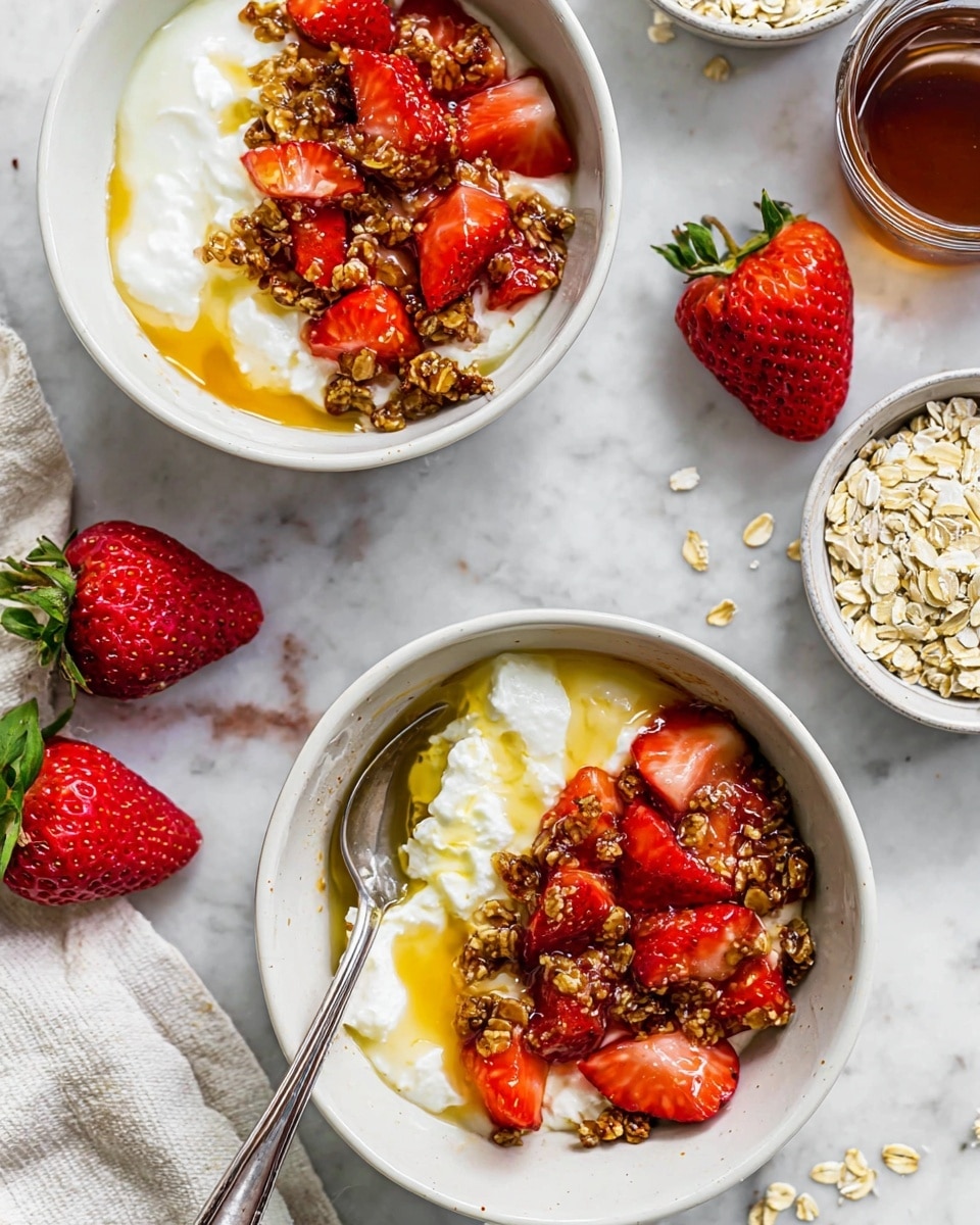 Two white bowls on a white marbled surface each hold a dish with three visible layers: a base layer of white, creamy cottage cheese with a lumpy texture, a middle layer of golden honey drizzled unevenly, and a top layer of red strawberry pieces mixed with crunchy brown granola scattered across. A silver spoon rests inside the top bowl on the left side, touching the cottage cheese. Around the bowls are fresh whole strawberries with green tops, a white bowl of raw oats, and a glass filled with dark honey or syrup. A woman’s hand is not visible here. photo taken with an iphone --ar 4:5 --v 7