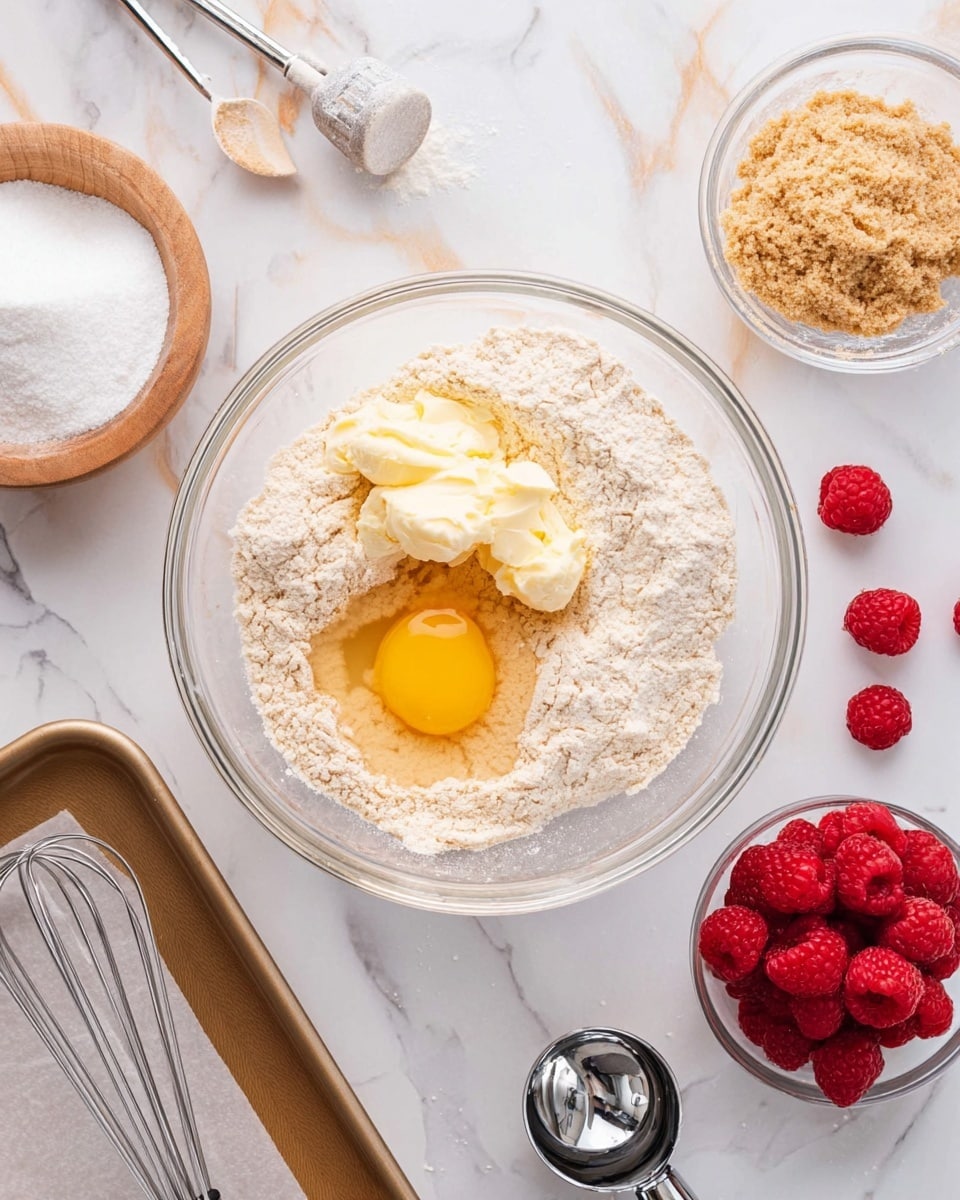 A clear glass bowl on a white marbled surface contains several baking ingredients layered inside: a base layer of light beige flour, a pale yellow dollop of butter on top right, a bright yellow egg yolk sitting in a small pool of clear liquid near the bottom left, and a splash of milk around the ingredients. Surrounding the bowl are fresh red raspberries scattered nearby, a small glass bowl filled with light brown crumbs to the right, a small wooden spoon holding white powder in the top left, two metal beaters lying on the surface near the bottom left, and a white baking tray lined with parchment paper and a shiny silver ice cream scoop at the bottom right. Photo taken with an iphone --ar 4:5 --v 7