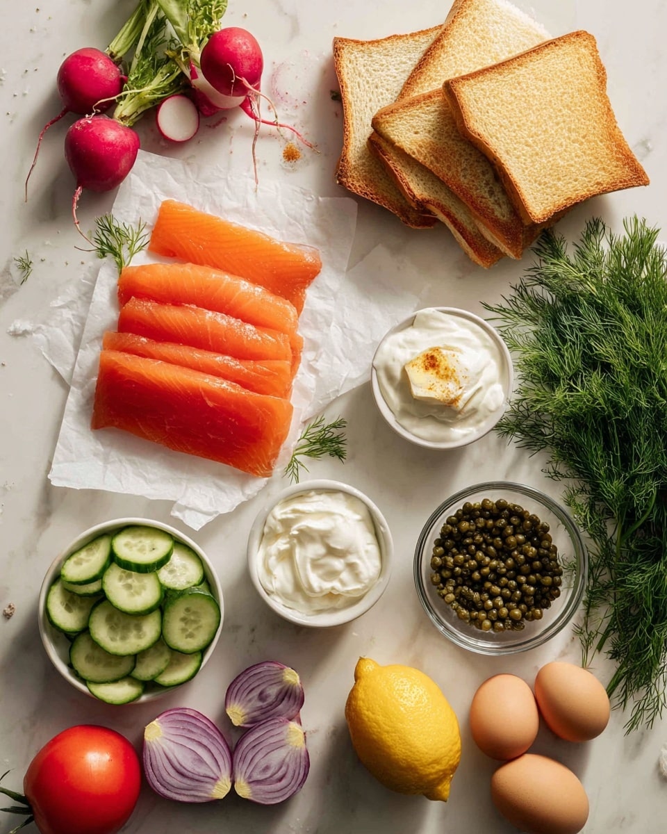 The image shows many ingredients laid out on a white marbled surface. In the middle, there are five layers of thin, bright orange smoked salmon slices arranged on white paper. To the top right, several slices of toasted bread with a golden brown color are stacked loosely. Below the bread, a bright yellow lemon is placed next to a small pile of light green cucumber slices arranged in a fan shape. There are two small white bowls, one near the top filled with creamy white spread, and another near the bottom holding thick white cream. To the right of the cream, there is a small glass bowl filled with dark green capers. Fresh dill with feathery, green leaves is spread out around the right side of the frame. In the top left corner, three radishes with red skin and leafy green tops have been sliced. Below them, a whole purple onion sits beside two light brown eggs. Near the eggs, a small white bowl holds a sea salt and seasoning blend. A single red tomato is placed toward the bottom center. Overall, the ingredients are spaced out neatly on the white marbled surface, with soft natural lighting. Photo taken with an iphone --ar 4:5 --v 7