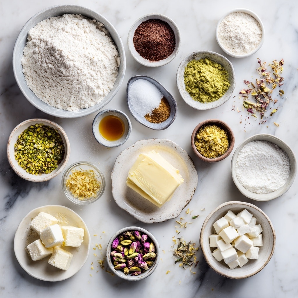 Top-down professional food photography, flat lay style, bright white marble countertop, neatly arranged, evenly spaced, tidy, clean organized layout, include: bowl of all-purpose flour, small bowl of salt, small bowl of ground cardamom, small bowl of ground sumac, small bowl of dried lemon zest, small bowl of finely chopped pistachios, small plate of unsalted butter at room temperature, bowl of powdered sugar, small glass cup of vanilla extract, bowl of white chocolate chips, small bowl of dried edible flowers, small bowl of edible gold flakes, bright soft natural lighting, sharp focus, high detail textures, realistic reflections, no finished dish, no cooked food, no hands, no text, no watermark