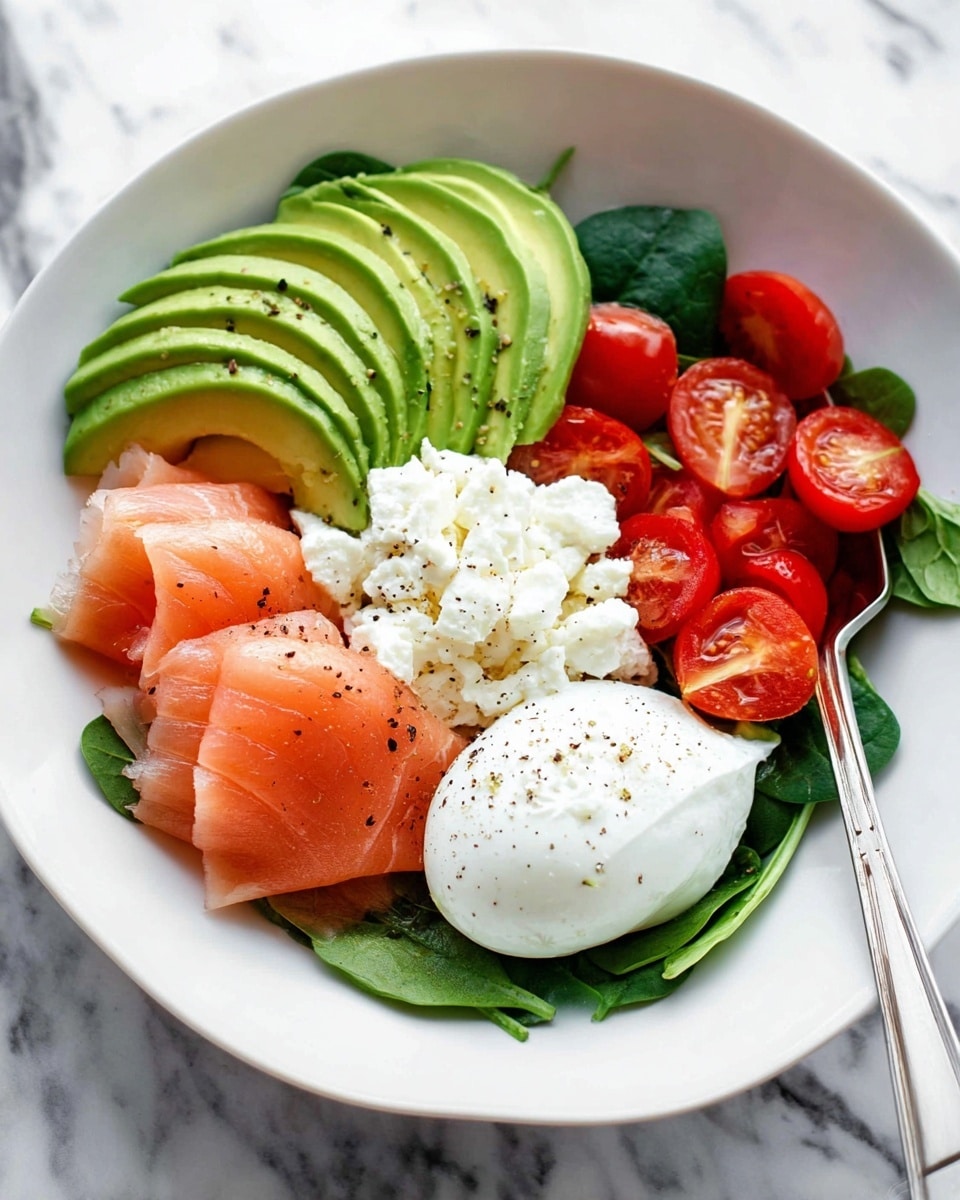 The dish is in a white bowl on a white marbled surface. The bottom layer is fresh dark green spinach leaves spread evenly. On top, there are neat slices of bright green avocado arranged in a fan shape on one side. Next to the avocado are light pink rolled slices of smoked salmon. Beside the salmon is a small pile of white cottage cheese with a soft texture. To the right of the cottage cheese are halved red cherry tomatoes. Finally, there is a round, white poached egg with a smooth surface sprinkled with black pepper. A silver fork rests inside the bowl near the salmon and tomatoes. Photo taken with an iphone --ar 4:5 --v 7