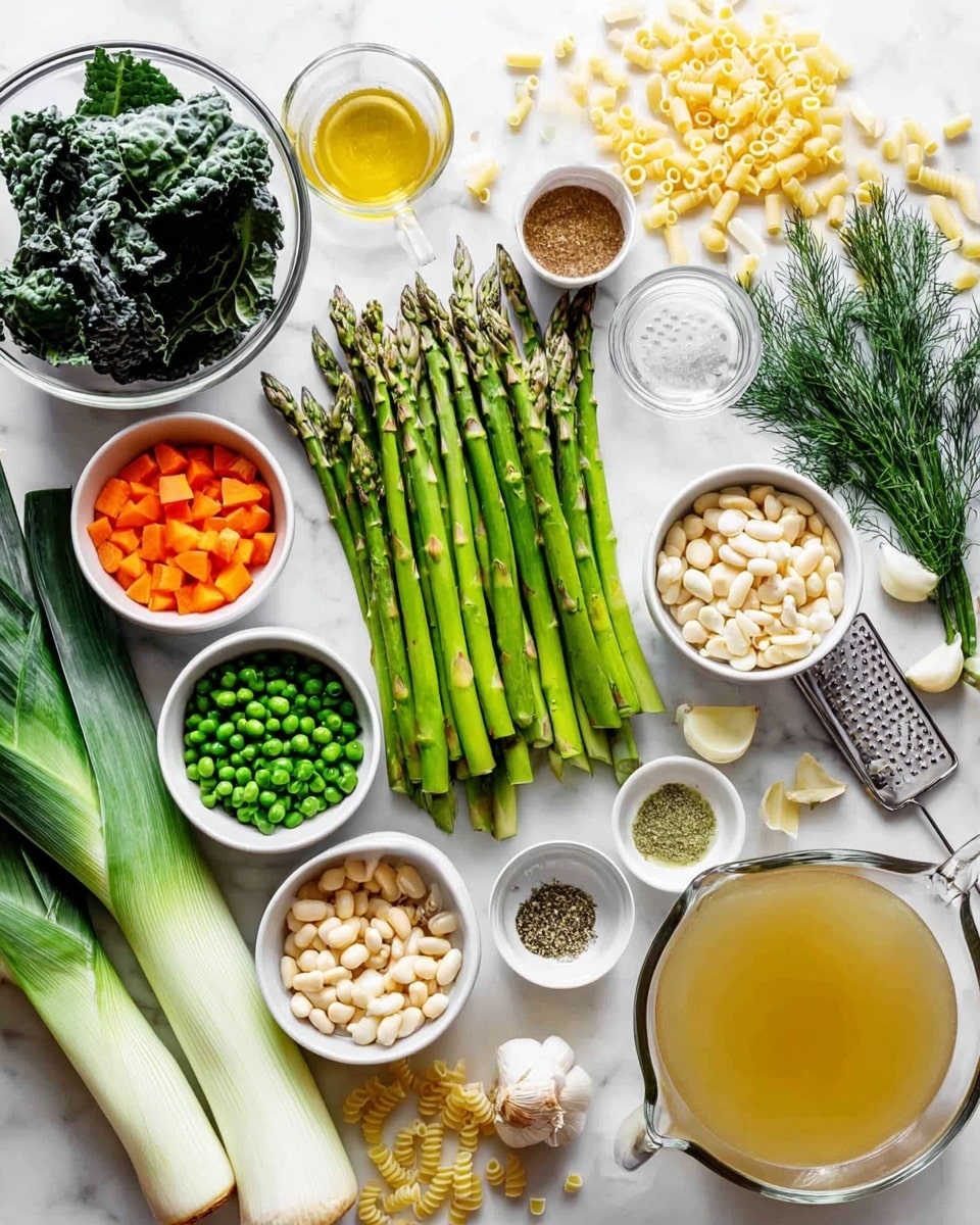 A variety of fresh ingredients are arranged neatly on a white marbled surface. At the center, there are several bright green asparagus stalks aligned horizontally, surrounded by small white bowls holding diced orange carrots, green peas, white beans, and grated cheese. A large clear glass bowl contains dark leafy greens, and nearby are whole leeks, garlic cloves, sprigs of fresh dill, and small bowls with oil, seasoning, and herbs. There is also a clear measuring cup filled with light golden broth. A white grater with a piece of cheese rests on the side, and some elbow macaroni pieces are scattered around. The scene is bright and clean, with a focus on fresh, colorful vegetables and ingredients ready for cooking photo taken with an iphone --ar 4:5 --v 7