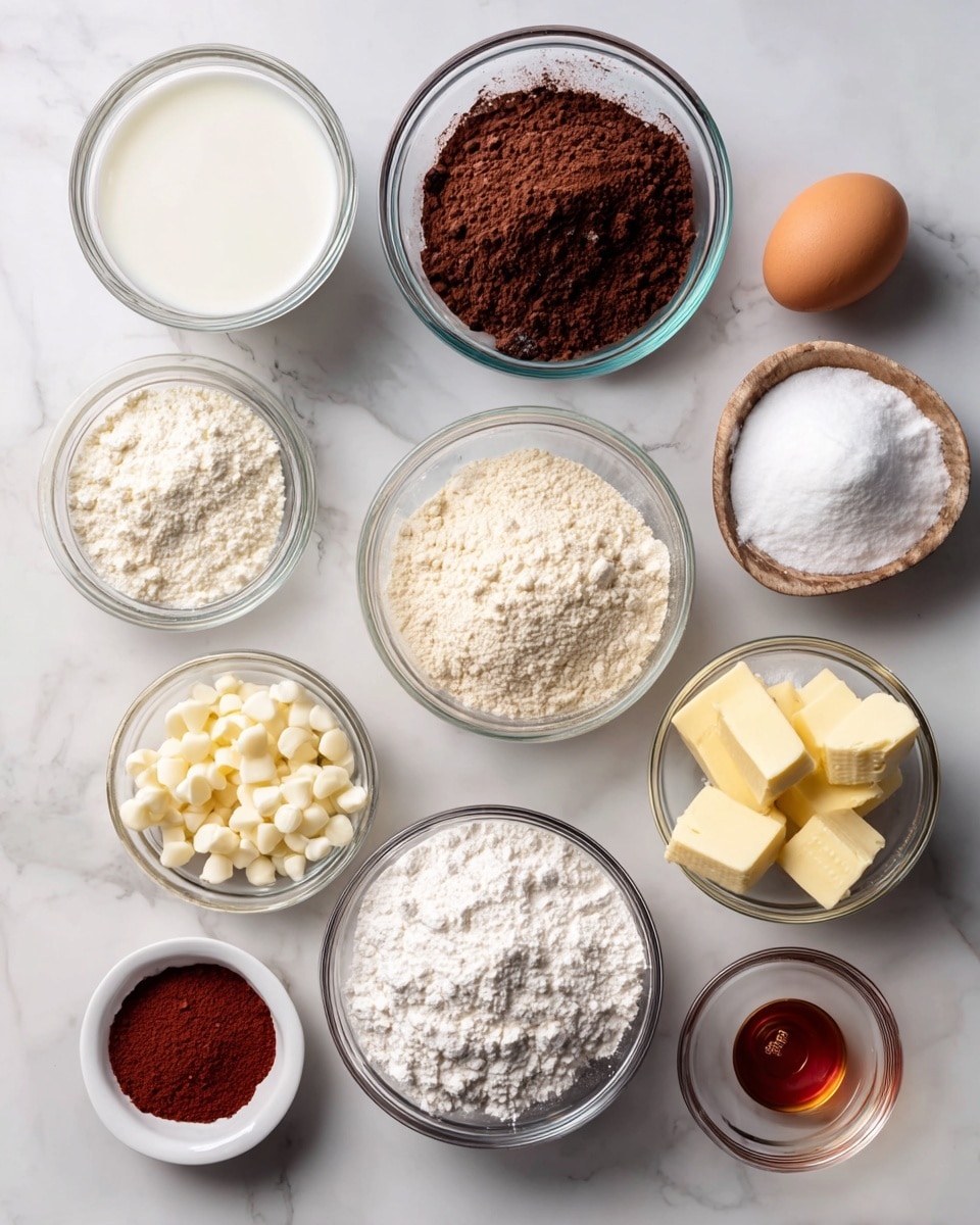 The image shows clear glass bowls with different baking ingredients arranged on a white marbled surface. There are nine bowls: one with white liquid buttermilk, one with dark brown cocoa powder, one filled with white granulated sugar, one with light brown sugar, one with white flour, one with small white chocolate chips, one with light yellow butter blocks, one small bowl with white baking powder and salt, and one small bowl with clear vanilla extract. There is also a brown egg and a small jar of red food coloring placed on the surface. Each item is neatly spaced and labeled. Photo taken with an iphone --ar 4:5 --v 7