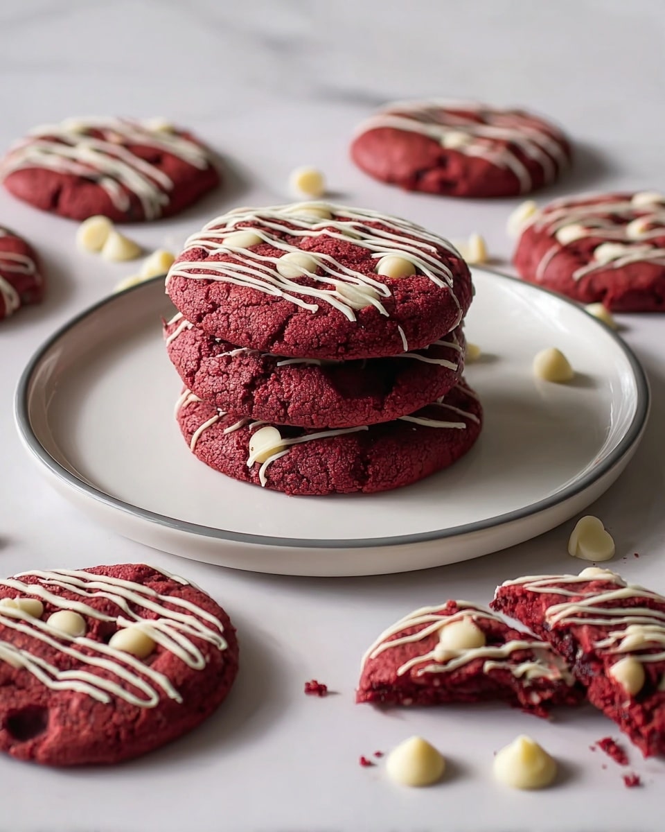 The image shows two groups of dark red cookies with white drizzle on top. The front group has five cookies stacked slightly on a white plate with a thin gray rim. Each cookie is round, thick, and textured with small light spots inside, likely white chocolate chips. White drizzle is spread across the top of each cookie in thin lines. Behind the plate, several more cookies are placed directly on a white marbled surface in two rows, with one cookie broken showing its inside. Scattered white chips are also visible near the cookies on the surface. The light is soft, highlighting the rich red color of the cookies and the smooth shine of the drizzle. Photo taken with an iphone --ar 4:5 --v 7