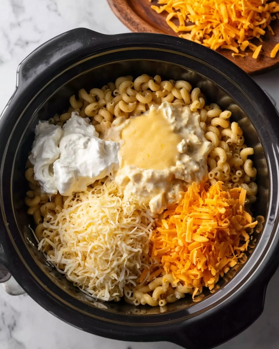 A black pot filled with elbow macaroni pasta as the base layer surrounding several dollops of ingredients arranged on top: two white sour cream dollops on the upper left, a pale yellow cheese sauce in the middle, a heap of shredded light yellow cheese on the lower left, and a pile of shredded orange cheddar cheese on the lower right; the pot rests on a white marbled surface with a wooden tray containing more orange shredded cheese in the background. Photo taken with an iphone --ar 4:5 --v 7