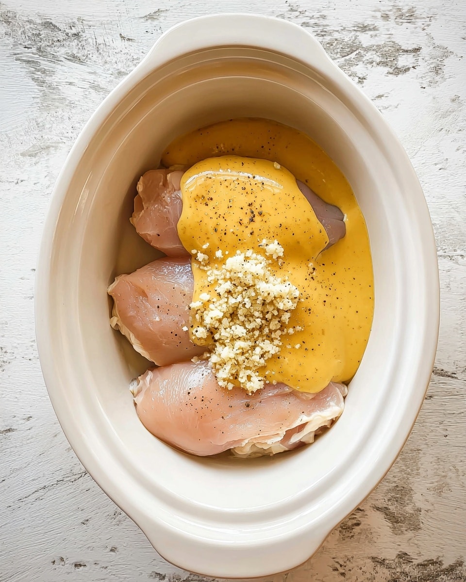 The image shows a white oval crockpot dish placed on a white marbled surface. Inside the dish, there are three raw chicken pieces, light pink with a slightly shiny texture, each sprinkled with a layer of black pepper. On top of one chicken piece, there is a smooth, thick layer of bright yellow sauce. Over the sauce, there is a small pile of finely chopped garlic, pale off-white and crumbly in texture. Photo taken with an iphone --ar 4:5 --v 7