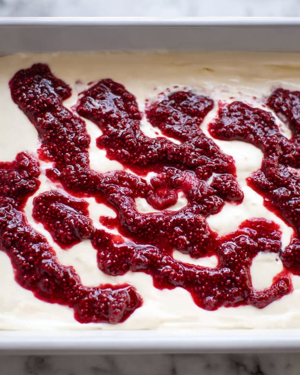 The image shows a close-up view of a dessert with two visible layers. The bottom layer is smooth, creamy, and white, spread evenly across the base of a white rectangular dish. On top, there are thick dollops of dark red raspberry sauce, textured and slightly chunky with visible seeds, spread in an irregular pattern across the white creamy layer. The dish sits on a white marbled surface. photo taken with an iphone --ar 4:5 --v 7