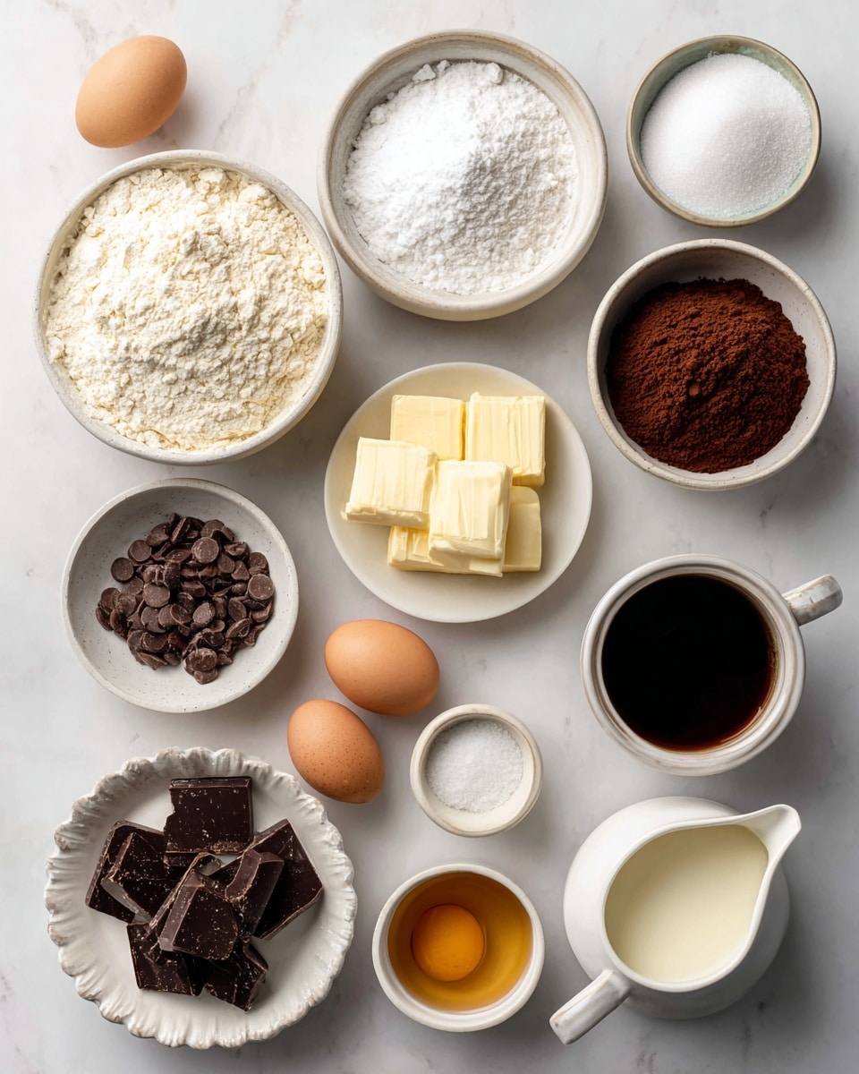 The image shows a top view of various baking ingredients arranged neatly on a white marbled surface. There are 12 bowls and cups of different sizes and shapes, all white, each holding a different ingredient: a large bowl of fine white flour, a medium bowl of white powdered sugar, another bowl of white granulated sugar, a small bowl of light brown sugar, a plate with three sticks of pale yellow butter, a bowl of dark brown cocoa powder, a small scalloped bowl with dark chocolate chunks, a small bowl with vanilla extract showing a dark amber liquid, a cup filled with black coffee, a small round bowl with white salt, and a small pitcher with creamy white heavy cream and a small pitcher with light golden corn syrup. Four light brown eggs are placed together in the middle. The items are spaced evenly, showing clear textures and colors of each ingredient. photo taken with an iphone --ar 4:5 --v 7