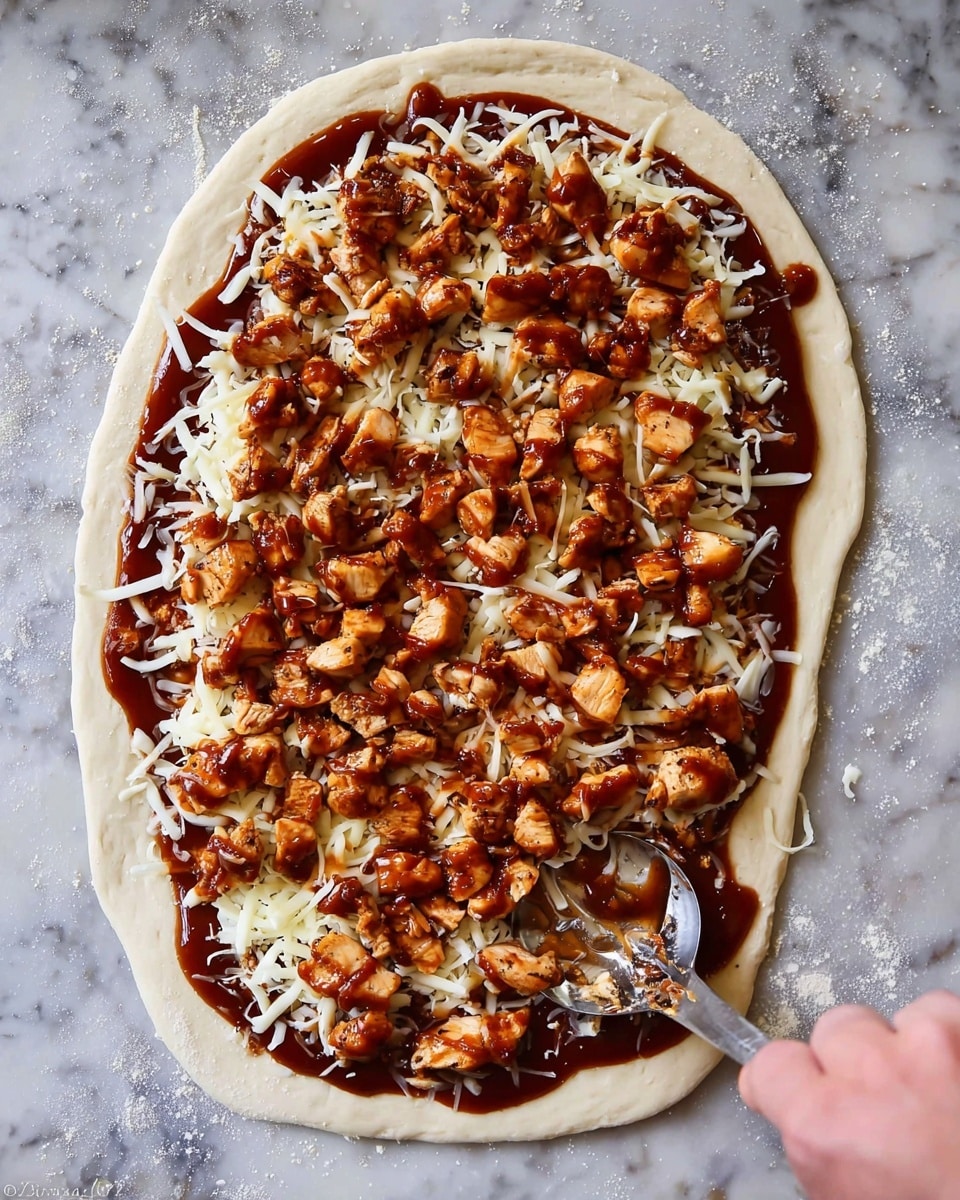 An oval pizza dough base on a white marbled surface is spread with a layer of rich dark barbecue sauce close to the edge, topped evenly with a layer of shredded white cheese showing soft texture, and a final layer of small chunks of dark brown glazed cooked chicken evenly scattered. A woman's hand holding a silver spoon is adding more chicken pieces near the right edge of the pizza, giving the image a sense of action. Photo taken with an iphone --ar 4:5 --v 7