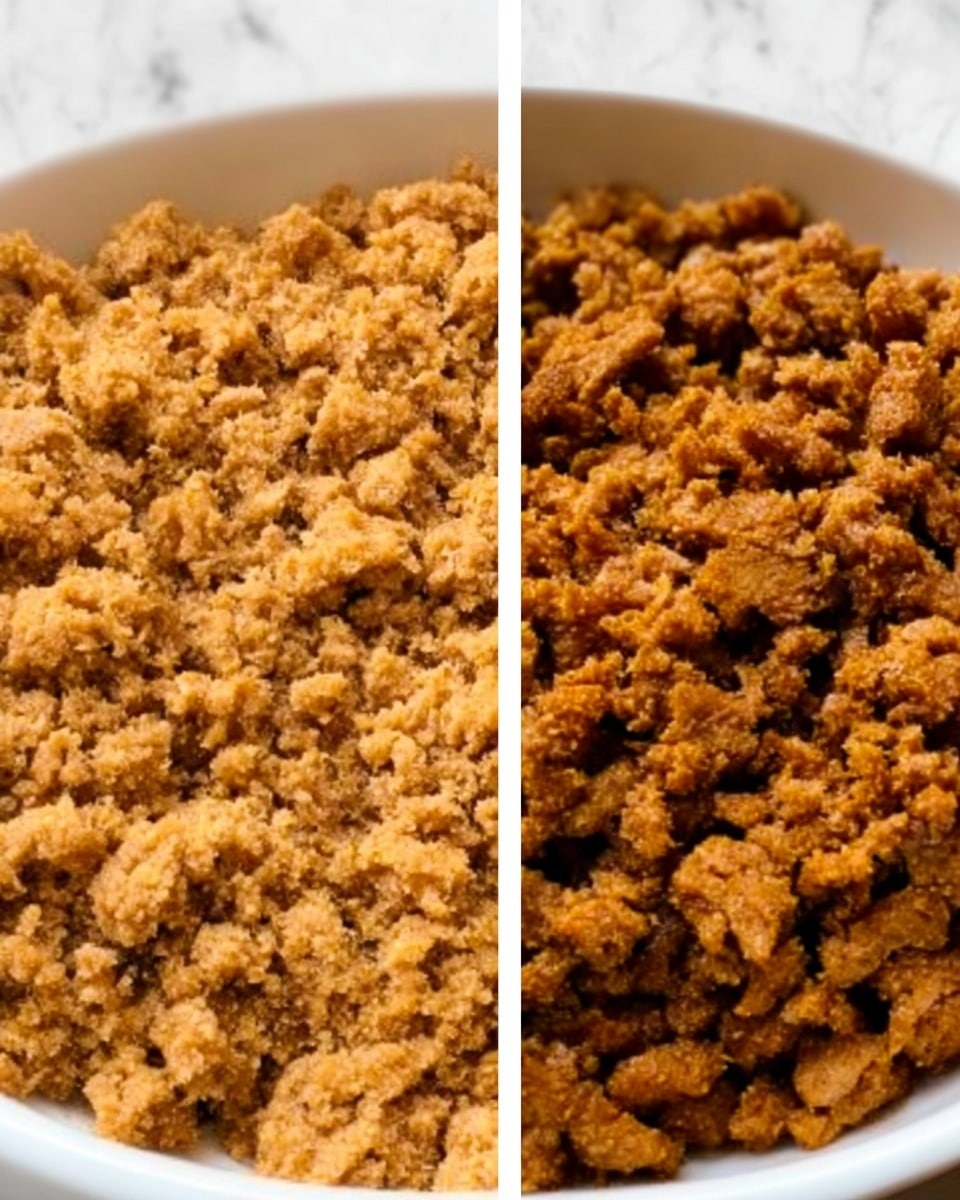 The image shows two close-up views of cooked ground meat with a crumbly texture and a golden-brown color. The left side has lighter, smaller pieces with a bit of a rough surface, while the right side shows darker, slightly larger chunks piled inside a white bowl. The background has a white marbled texture. photo taken with an iphone --ar 4:5 --v 7