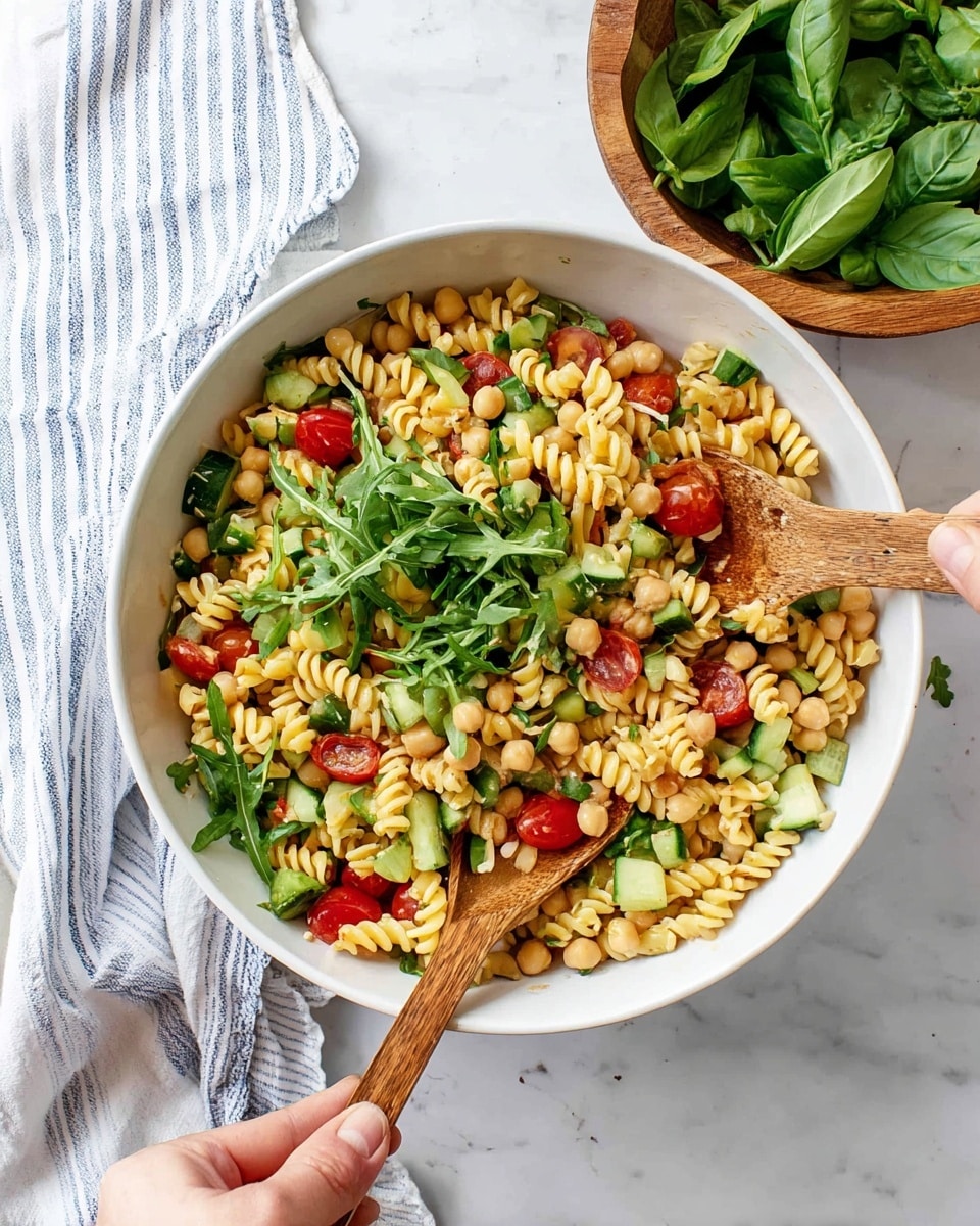 A white bowl filled with a colorful pasta salad showing three main layers: at the bottom, light yellow pasta spirals mixed with light beige chickpeas; the middle layer has bright red cherry tomato halves and green cucumber slices scattered among the pasta; the top layer is fresh green arugula leaves spread unevenly over the salad. Two wooden spoons are stirring the salad, held by woman's hands, one on each side of the bowl. Next to the bowl, there is a wooden bowl filled with fresh green basil leaves, placed on a white marbled surface with a white and blue striped cloth partially visible in the top left corner. Photo taken with an iphone --ar 4:5 --v 7