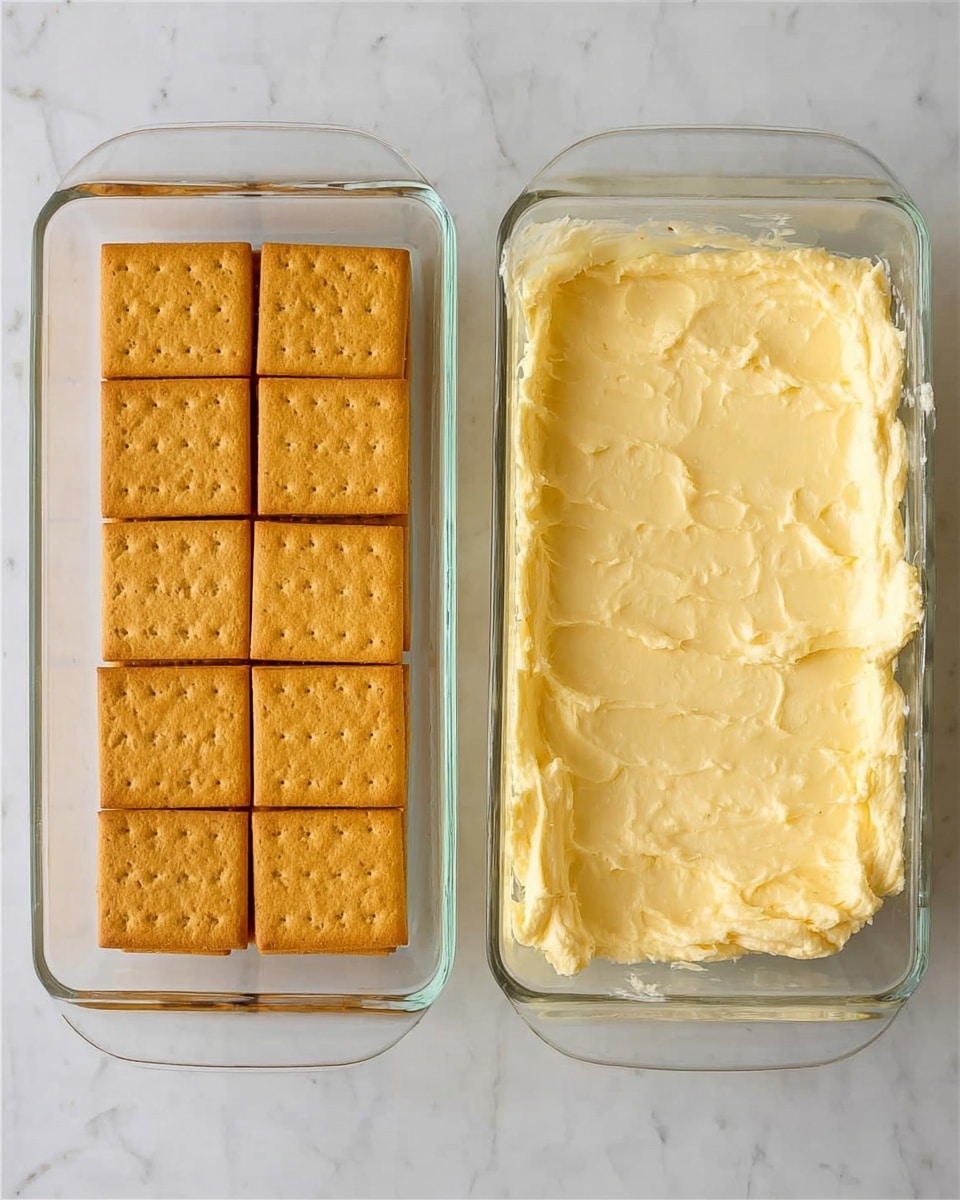 The image shows two glass rectangular dishes on a white marbled surface. The left dish contains a single layer of six golden brown rectangular crackers arranged in two rows, with four on top and two on bottom. The right dish has a thick, even layer of creamy, pale yellow spread smoothly covering the bottom, with a slightly textured surface from spreading. Photo taken with an iphone --ar 4:5 --v 7