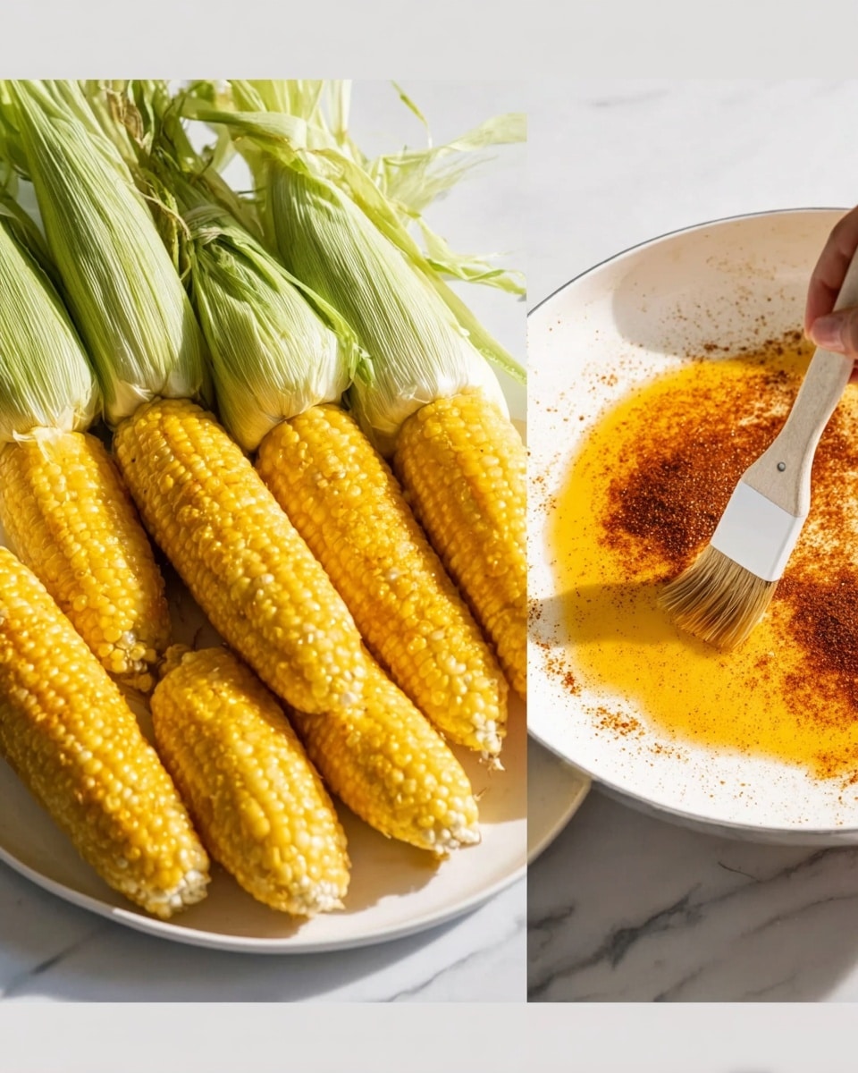 The image shows five ears of corn with bright yellow kernels and green husks on top, lined up on a white plate. A woman’s hand is holding a brush with white handle, applying a liquid or sauce on the corn. Next to this, there is a white pan on a white marbled surface with a yellow-orange mix covering the bottom, sprinkled with reddish-brown spices gathered in the center and spreading outwards. The lighting is bright, highlighting the fresh colors of the corn and spices. photo taken with an iphone --ar 4:5 --v 7
