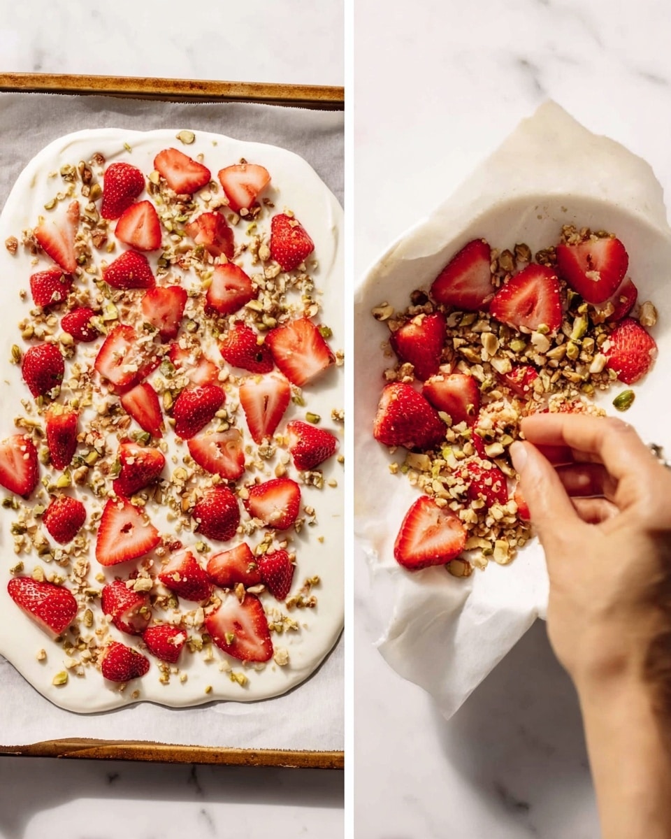 The image shows two views of a white creamy dessert spread unevenly on white parchment paper over a baking tray and a white marbled surface. The creamy base is smooth and slightly glossy with irregular edges. On top, there are many bright red strawberry slices scattered unevenly, some whole and some halved, adding vibrant color. Light brown crushed nuts are sprinkled generously across the dessert, creating texture contrast. A woman's hand is placing some of the crushed nuts onto the creamy layer from a white bowl. The background has a clean, bright white marbled texture. photo taken with an iphone --ar 4:5 --v 7