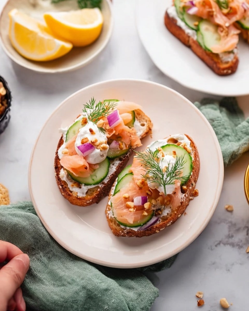 The image shows two pieces of toasted bread on a white plate, each layered with a base of creamy white spread, topped with slices of green cucumber, light pink smoked salmon pieces, small red onion bits, and a few chopped nuts. One piece also has a small white dollop on top, possibly sour cream or cream cheese, garnished with a sprig of fresh green dill. The plate is placed on a soft green cloth on a white marbled surface. Nearby, there are other white plates with similar toast and a small black and white bowl holding lemon wedges. A woman's hand slightly holding a toast can be seen near the bottom left corner. photo taken with an iphone --ar 4:5 --v 7