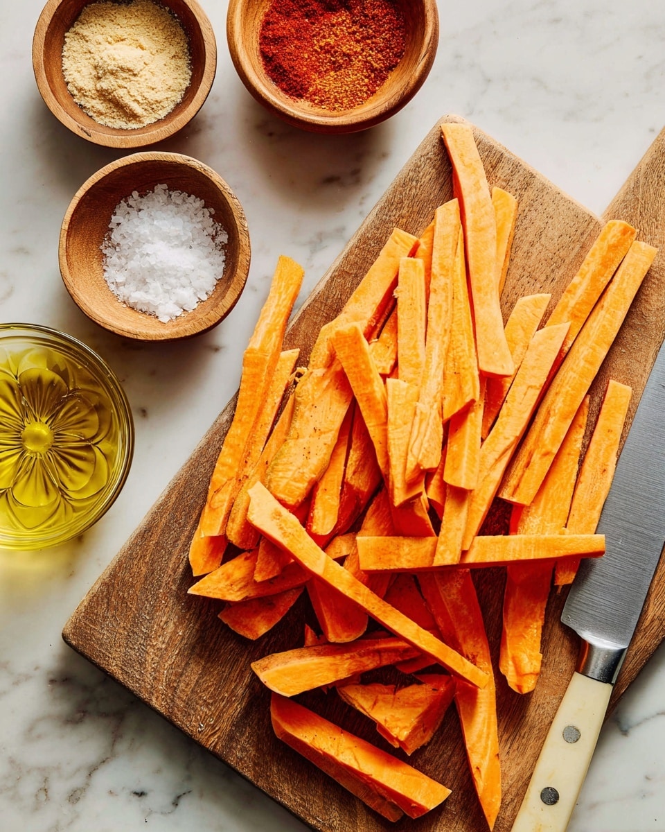 A wooden chopping board is full of long, thin sticks of bright orange sweet potatoes layered unevenly, with some on top of a large metal knife that has a cream-colored handle. Above the board, there are four small wooden bowls on a white marbled surface; one bowl contains red paprika powder, another holds beige garlic powder, a third one has coarse kosher salt, and the last one is filled with golden olive oil in a round glass bowl with a flower-like pattern at the bottom. The scene shows a clean, bright kitchen setting. photo taken with an iphone --ar 4:5 --v 7
