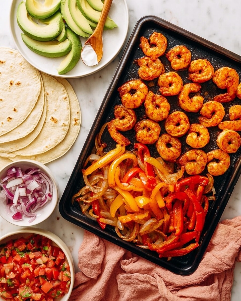 A black baking tray with two sections: one side has a single layer of cooked shrimp, orange with reddish spices, arranged in three rows; the other side has a mix of sautéed bell peppers and onions in red, yellow, and light brown colors, thinly sliced and slightly glossy. Around the tray, there are white round tortillas stacked on the left, a white plate with neatly sliced avocado fanned out, a white bowl with white sauce and a wooden spoon, and a white bowl with fresh tomato salsa, red and purple with diced onions. All items are set on a white marbled surface, with a soft pink cloth partly visible near the tray. Photo taken with an iphone --ar 4:5 --v 7
