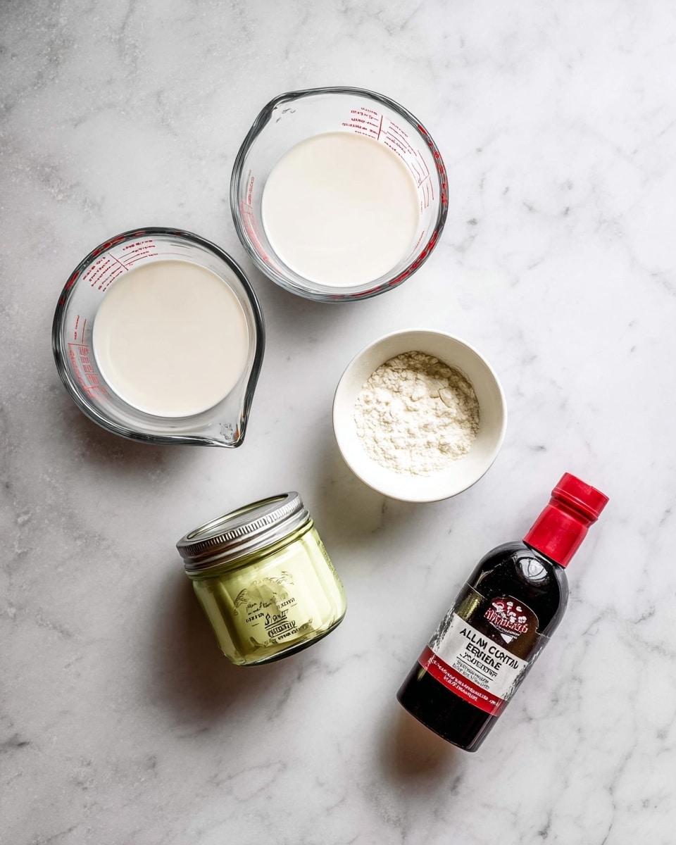 The image shows a white marbled surface with five ingredients arranged loosely: two clear glass measuring cups at the top left and right, each filled with white liquid; below the left cup is a small white bowl filled with fine white powder; to the right of the bowl is a small glass jar with a silver lid containing a pale green creamy substance and a label that reads