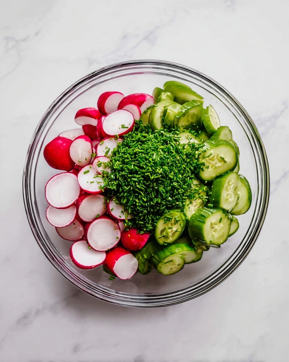 A clear glass bowl filled with three distinct layers of vegetables resting on a white marbled surface. On the left side are thin slices of round radishes, showing white centers with bright red edges. On the right side are slices of green cucumber, slightly thicker and glossy, showing pale green insides with darker green skin. In the middle and overlapping parts of both vegetables is a generous pile of finely chopped bright green chives. The bowl is clear, round, and shallow, showing the colors and textures of the fresh vegetables clearly. photo taken with an iphone --ar 4:5 --v 7