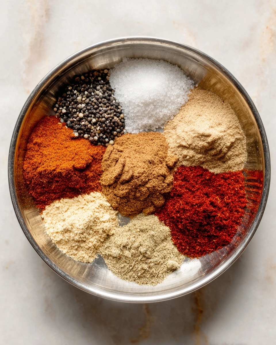 A round silver metal bowl placed on a white marbled surface contains seven different spices, each arranged in neat small piles around the bowl. Starting at the top and moving clockwise, there is a coarse black and white mix labeled salt & pepper, a light brown cinnamon pile in the center, a pale brown cumin pile to the right, a dark red paprika pile beneath it, a light tan coriander pile below, a beige cardamom pile to the left, and a bright red cayenne pile above it. The words