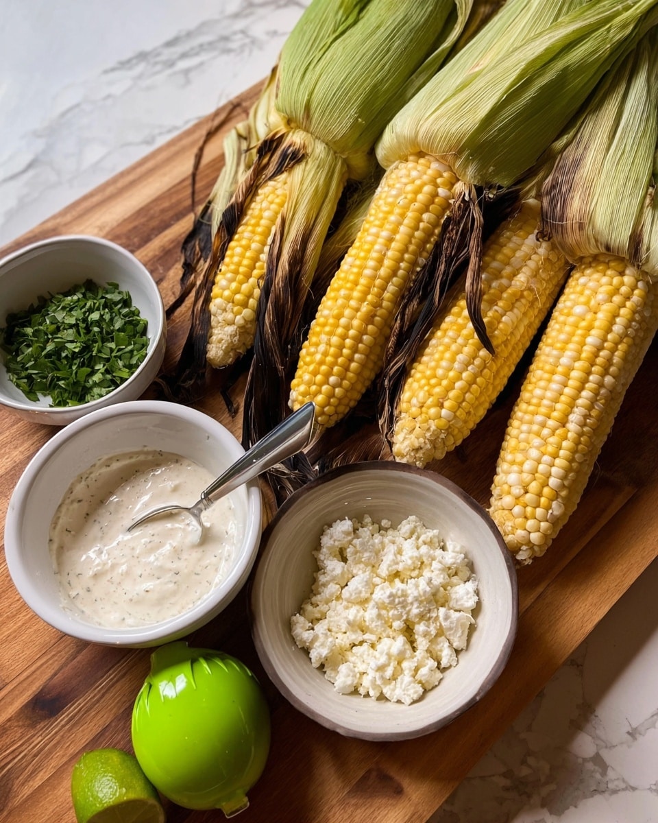 The image shows five ears of corn with their green husks partially pulled back and charred in places, resting on a wooden surface next to three white bowls containing different ingredients. One bowl has a creamy white sauce with specks of seasoning and a spoon inside, the second bowl holds chopped green herbs, and the third bowl contains crumbly white cheese. In the foreground, there is a bright green lime squeezer holding a halved lime. The background surface is a white marbled texture. photo taken with an iphone --ar 4:5 --v 7