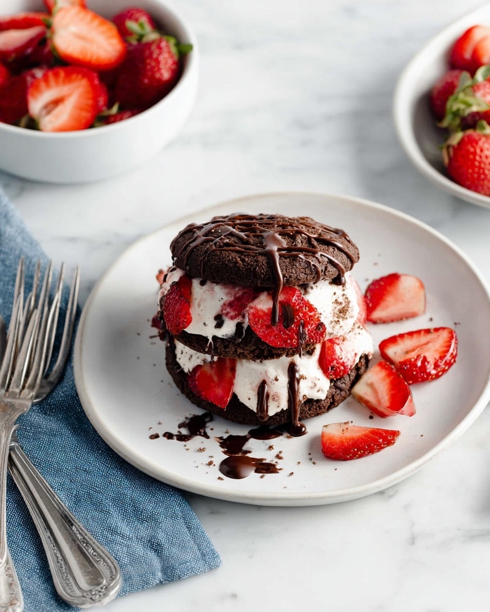 On a white plate on a white marbled surface, there is a layered dessert with two thick dark brown chocolate cookies as the base and top layers. Between them, there is white cream and red sliced strawberries that also surround the stack. Dark chocolate syrup is drizzled over the top and around the plate. To the side, a white bowl is filled with more red sliced strawberries, and next to it lies a blue cloth napkin. Two silver forks rest on the white marbled surface on the left side of the plate. Photo taken with an iphone --ar 4:5 --v 7