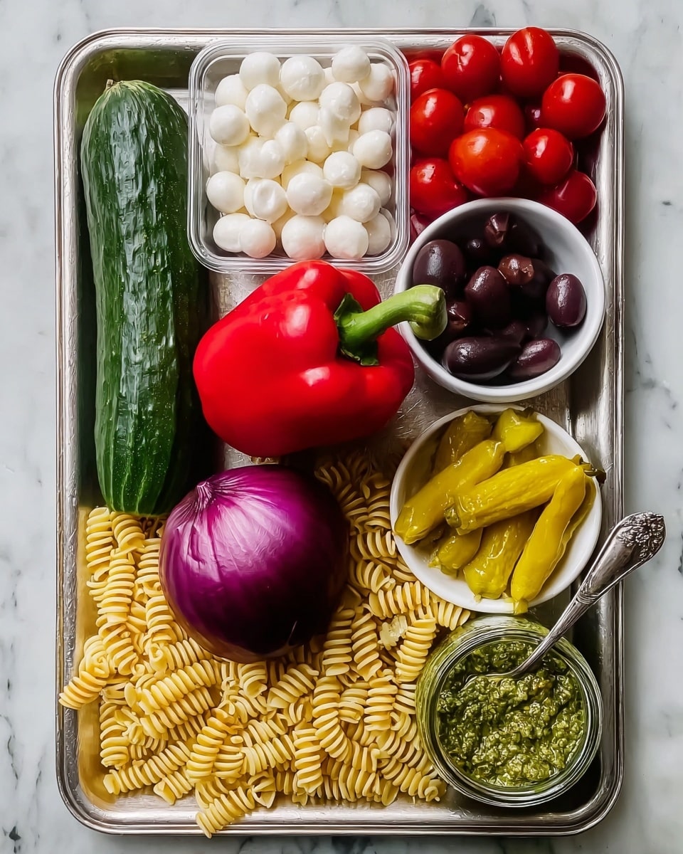 A silver tray holds several fresh ingredients arranged neatly on a white marbled surface. On the left, a whole dark green cucumber lies vertically next to a large, bright red bell pepper with its green stem attached. Below the pepper is a whole purple onion with a shiny skin, sitting atop a pile of uncooked yellow spiral pasta that covers the tray's lower left corner. At the top left, a clear container is filled with small white mozzarella balls. To the right of the mozzarella are bright red cherry tomatoes still on the vine. Next to the tomatoes, in a small white bowl, are dark purple olives. Below the olives, another white bowl holds yellowish-green banana peppers. Finally, at the bottom right corner of the tray, a glass jar with green pesto sauce and a silver spoon rests ready to be used. Photo taken with an iphone --ar 4:5 --v 7